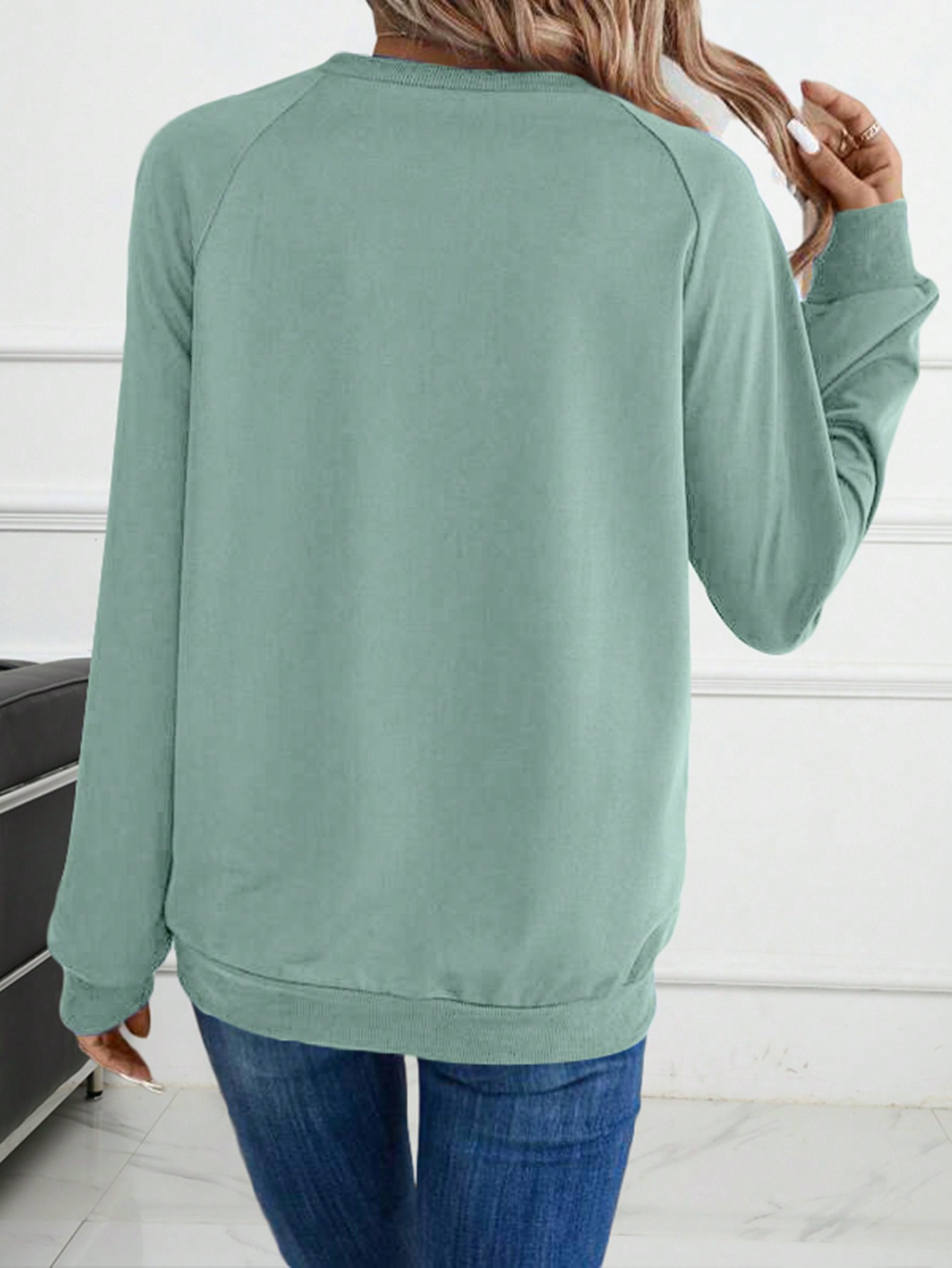 Solid Raglan Sleeve V Neck Sweatshirt