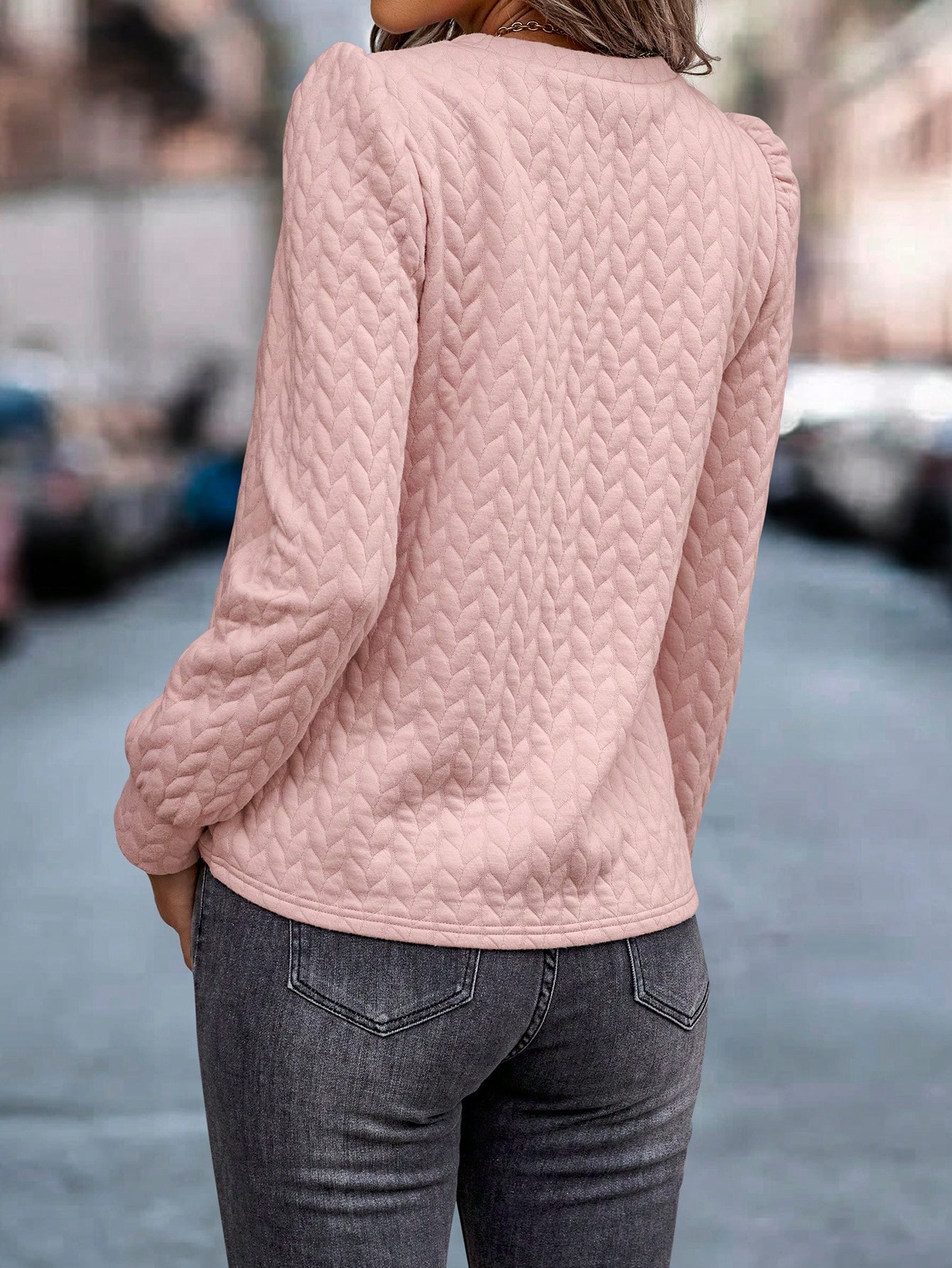 Cable Textured Puff Sleeve Sweatshirt