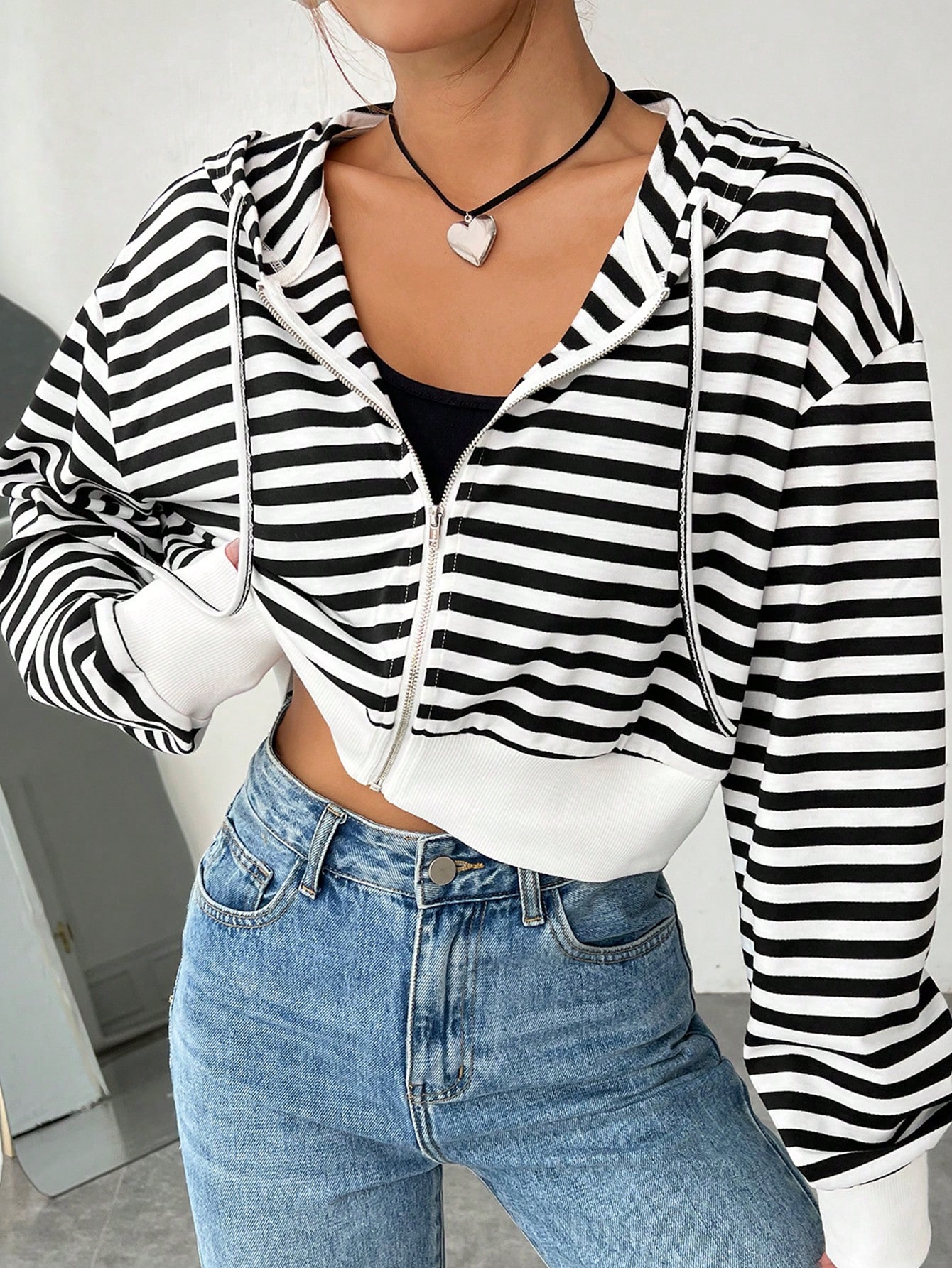 Striped Drop Shoulder Drawstring Zipper Hoodie