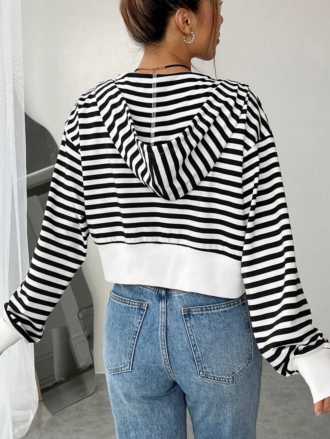 Striped Drop Shoulder Drawstring Zipper Hoodie