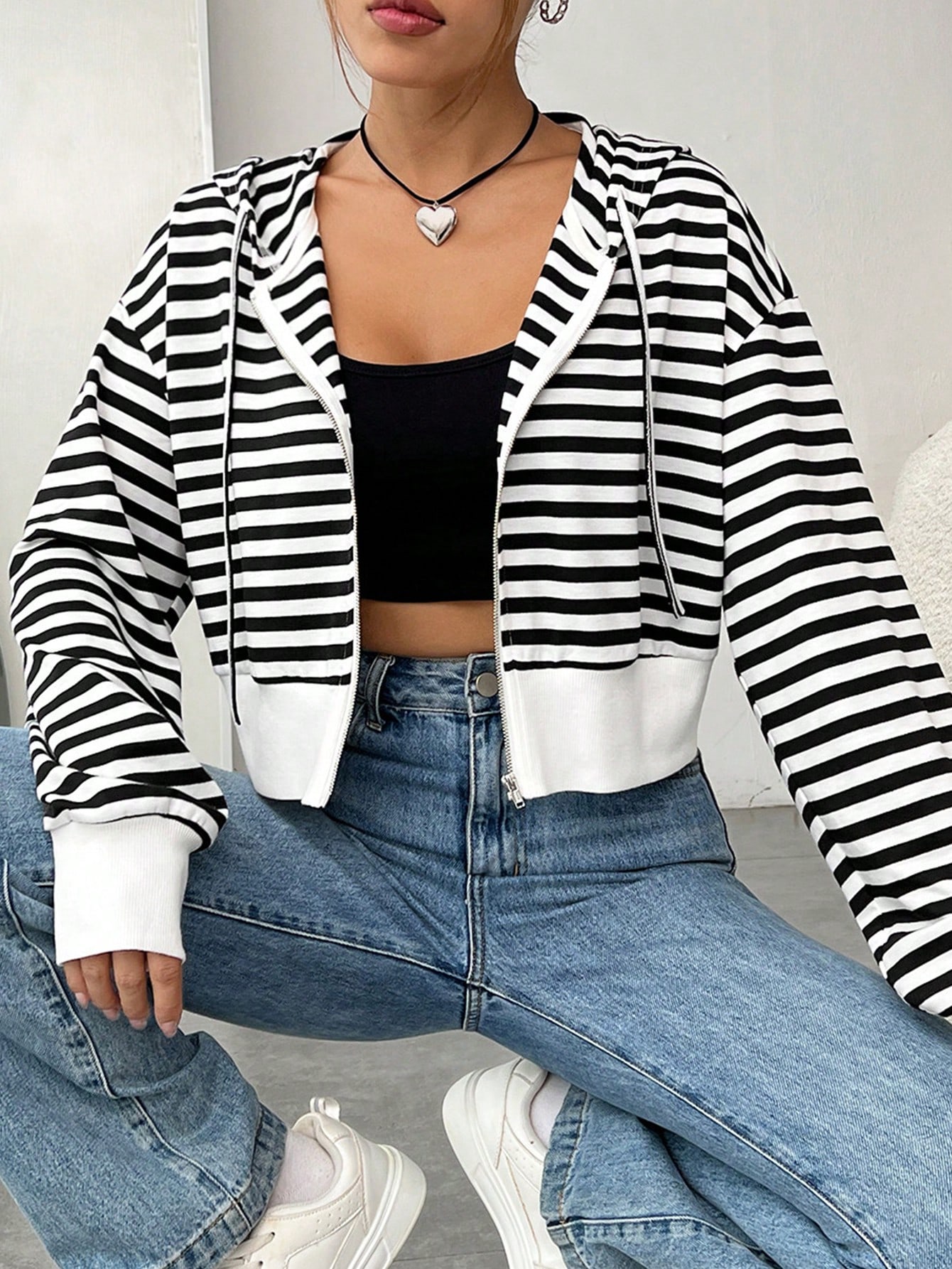 Striped Drop Shoulder Drawstring Zipper Hoodie