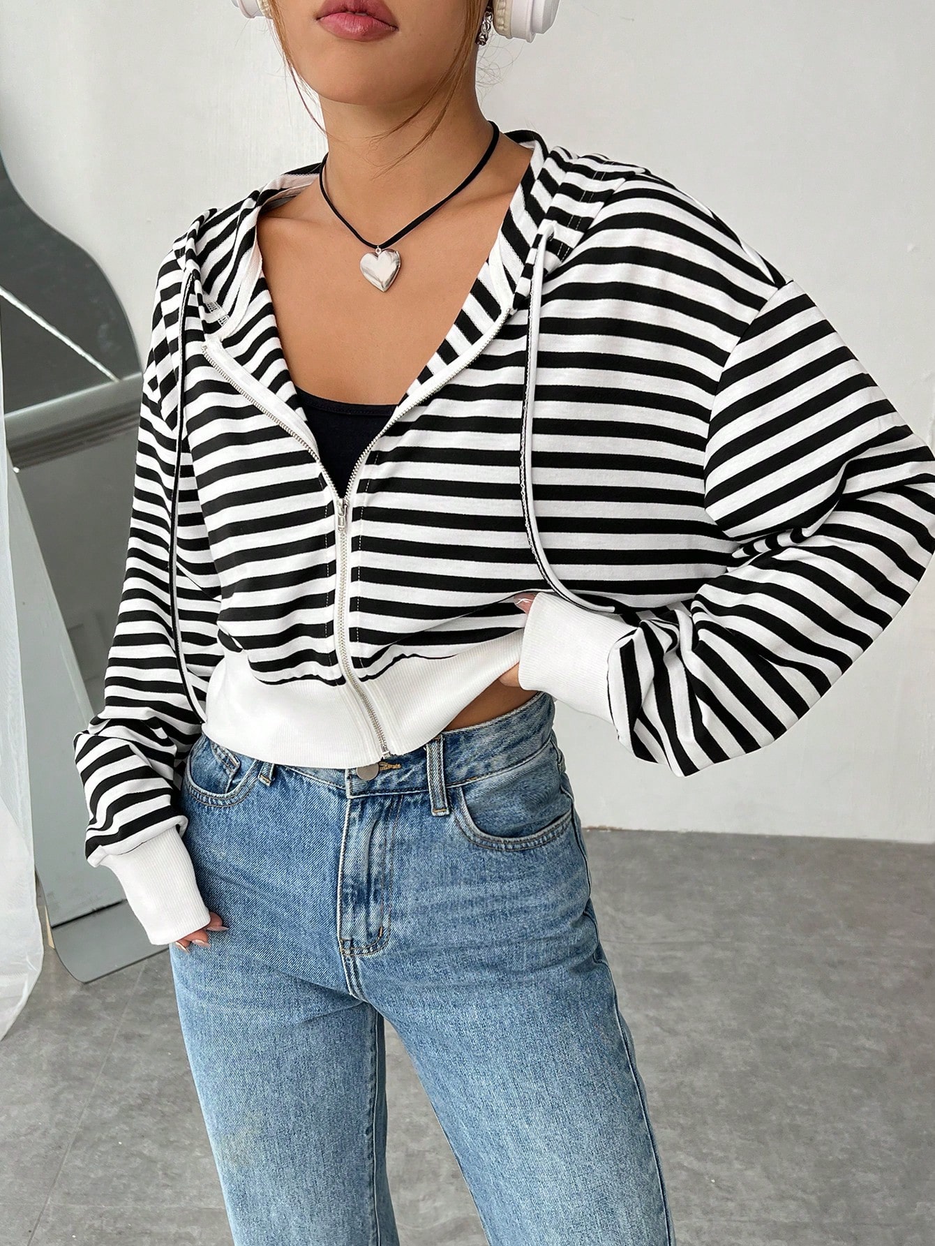 Striped Drop Shoulder Drawstring Zipper Hoodie