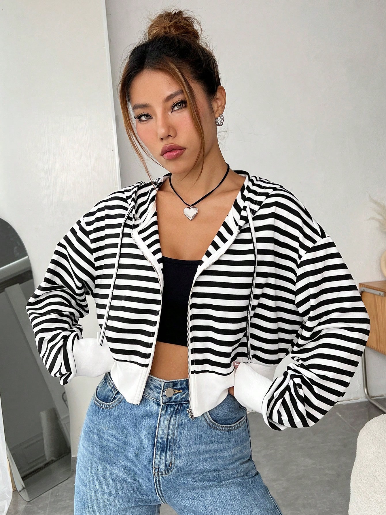 Striped Drop Shoulder Drawstring Zipper Hoodie