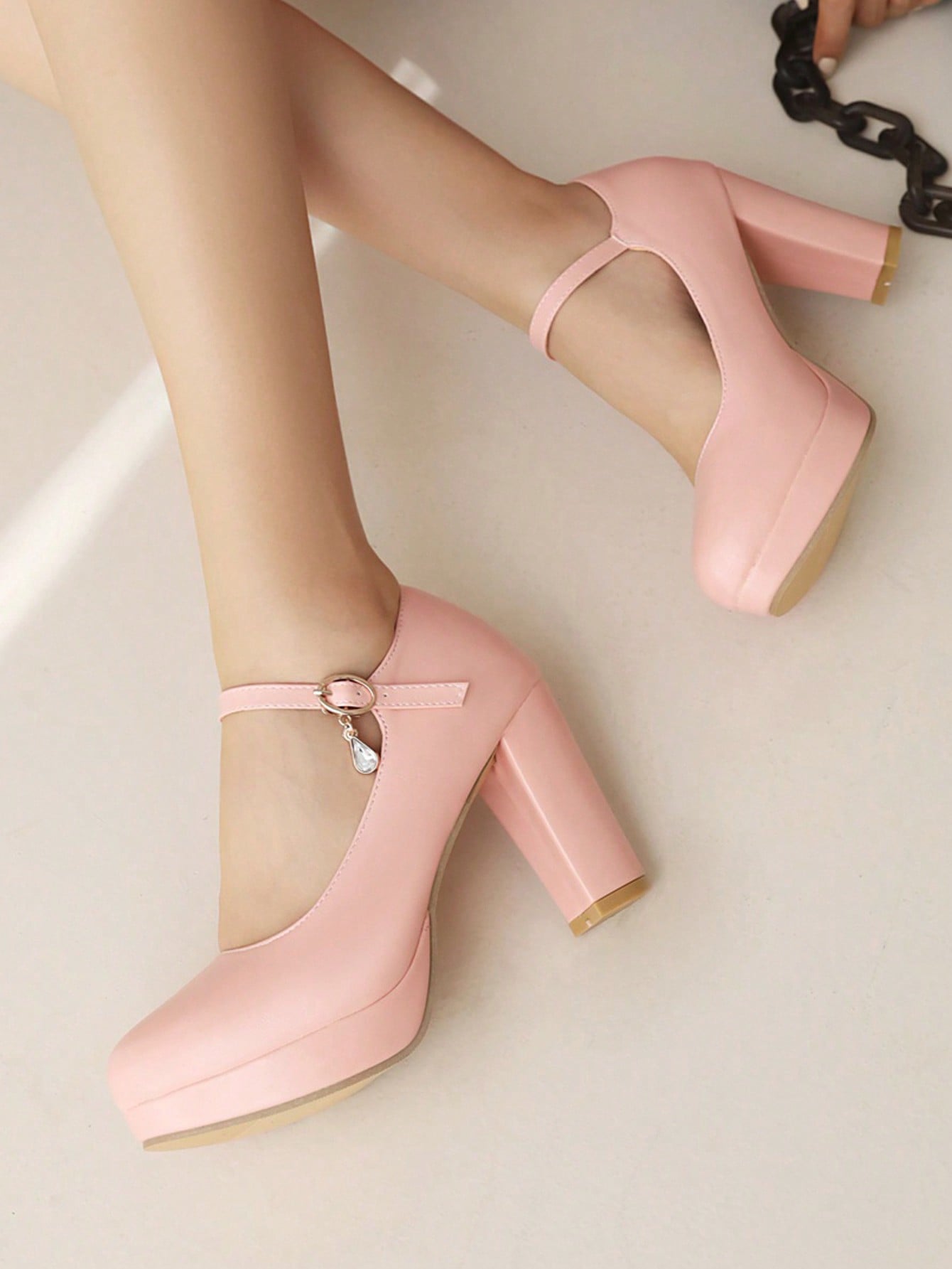 Fashionable Pink Shallow Mouth Mary Jane Buckle High Heeled Pu Leather Women's Shoes For All Seasons