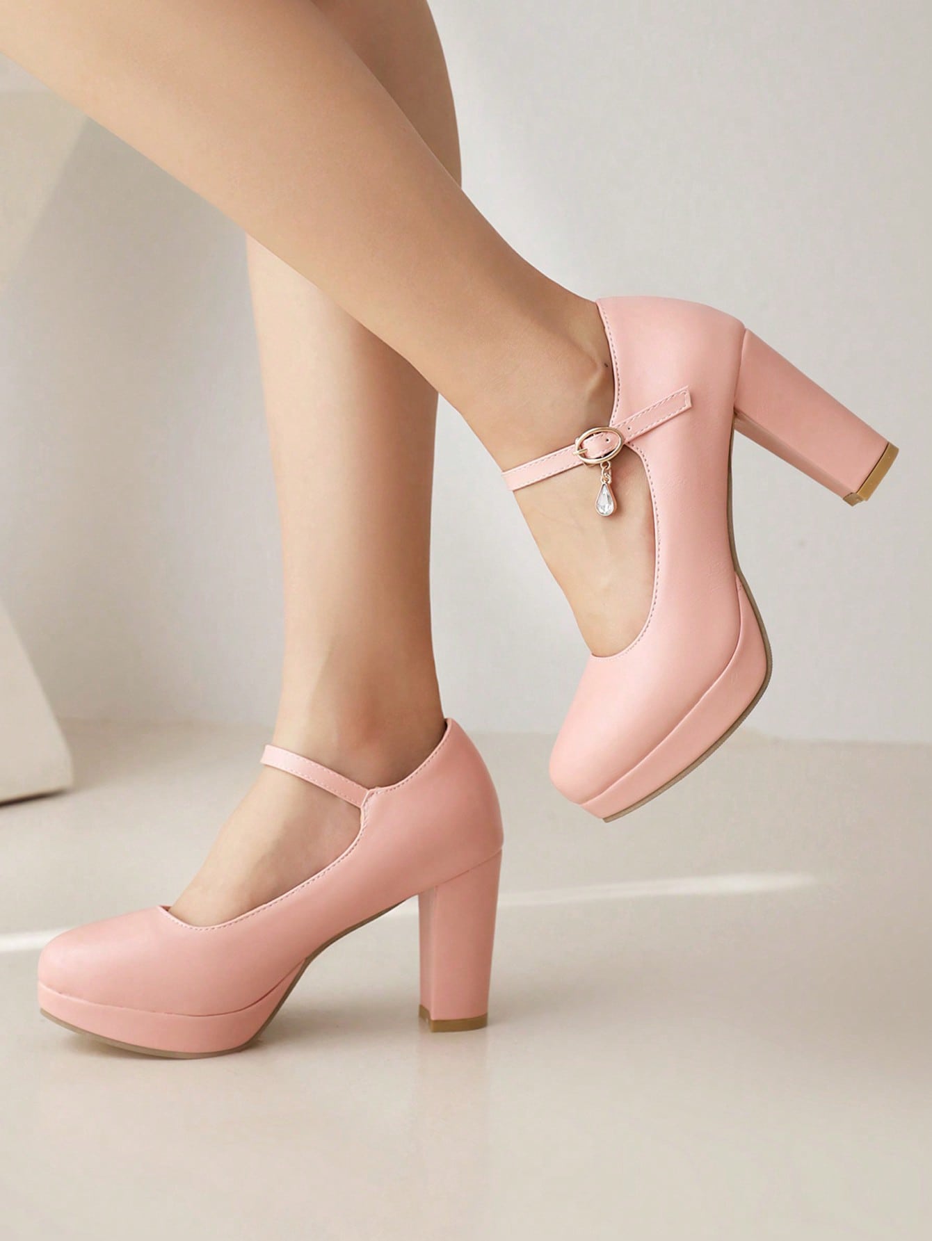 Fashionable Pink Shallow Mouth Mary Jane Buckle High Heeled Pu Leather Women's Shoes For All Seasons