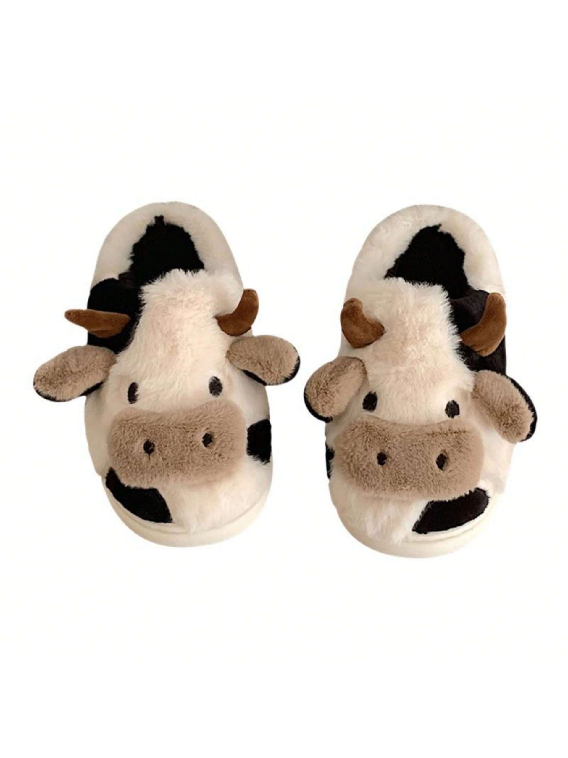 Fuzzy Cow Slippers For Women Cute Cotton Animals House Shoes Fluffy Plush SlippersIndoor Living Room Bedroom