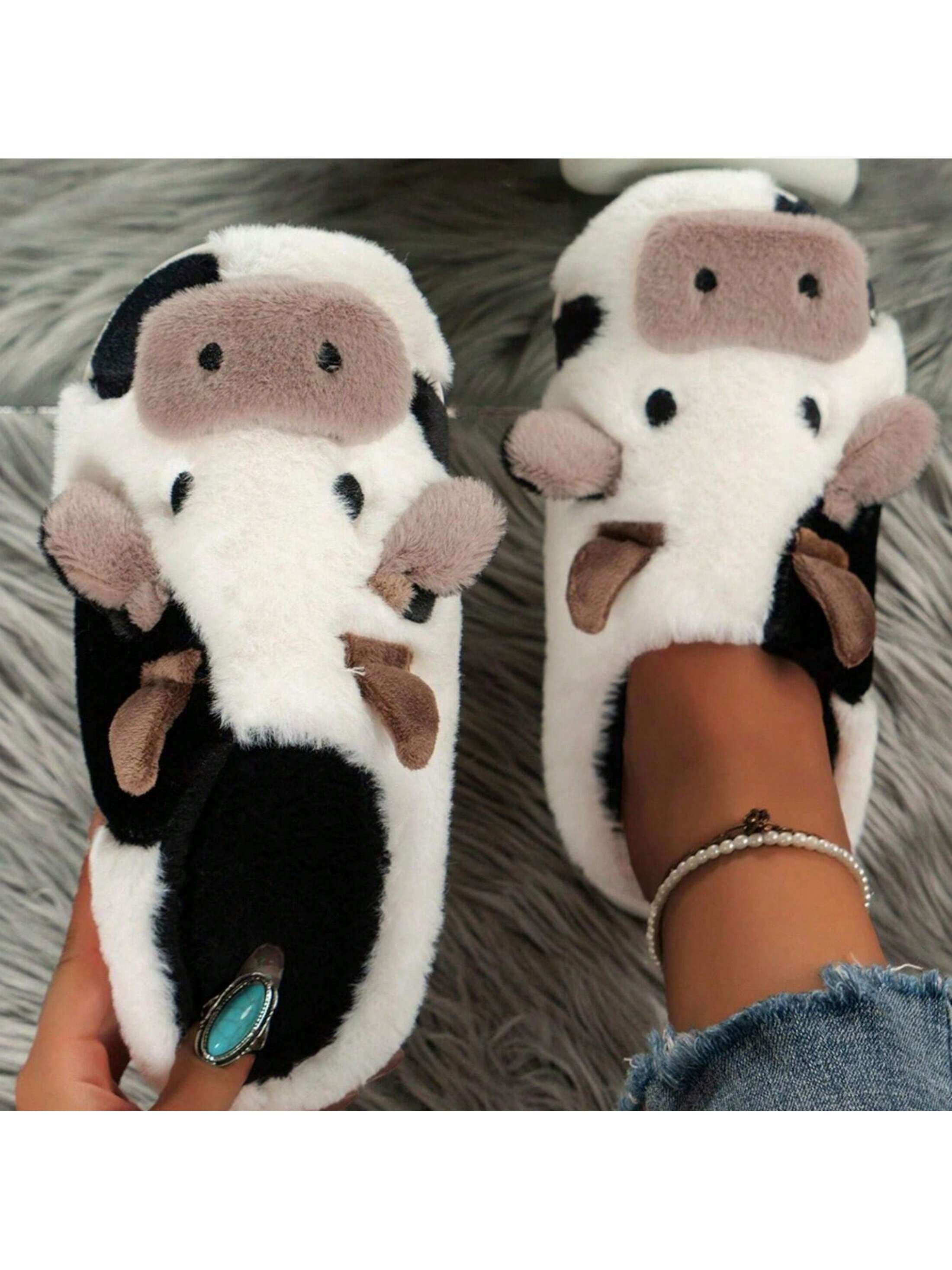 Fuzzy Cow Slippers For Women Cute Cotton Animals House Shoes Fluffy Plush SlippersIndoor Living Room Bedroom