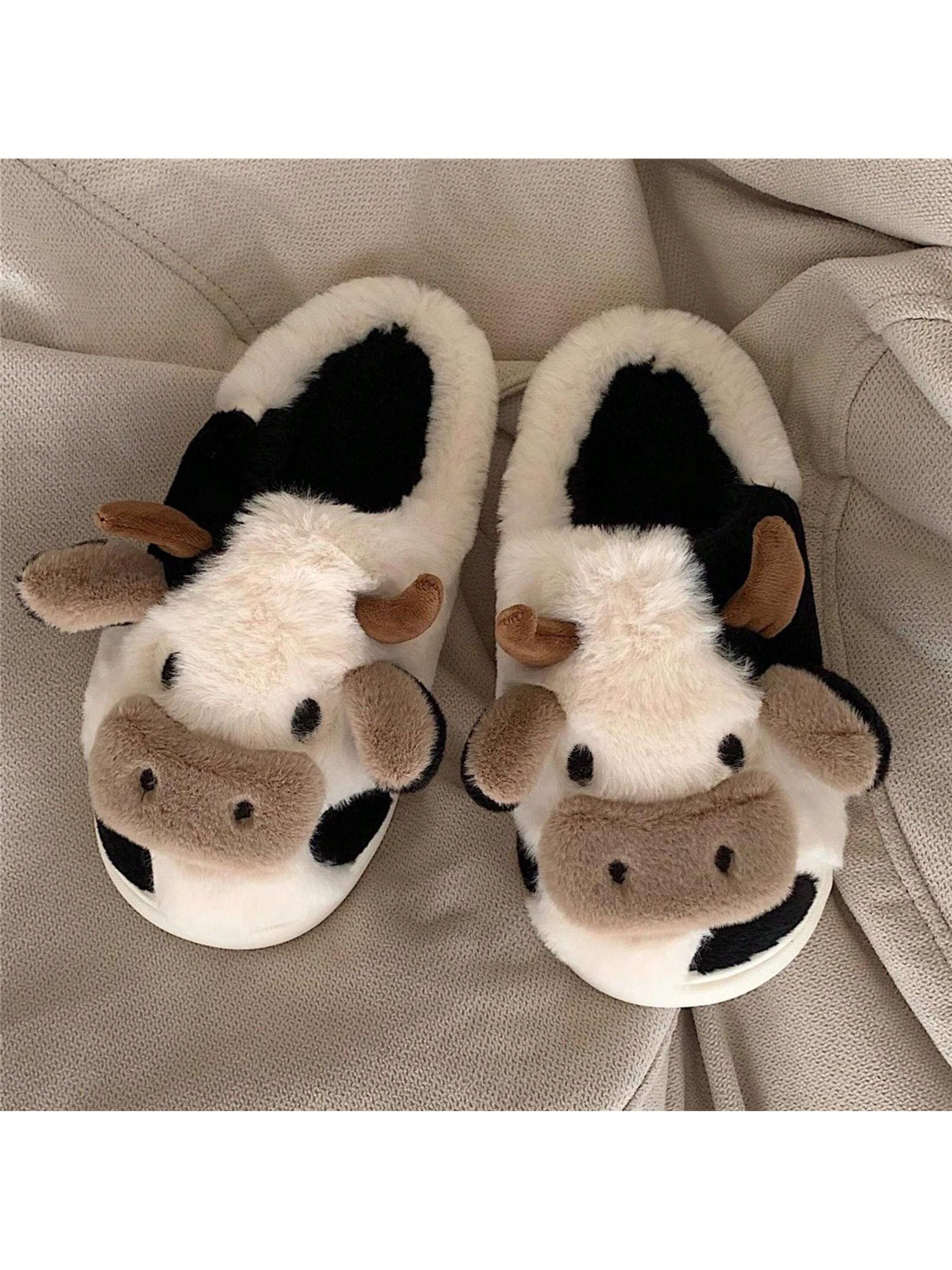 Fuzzy Cow Slippers For Women Cute Cotton Animals House Shoes Fluffy Plush SlippersIndoor Living Room Bedroom