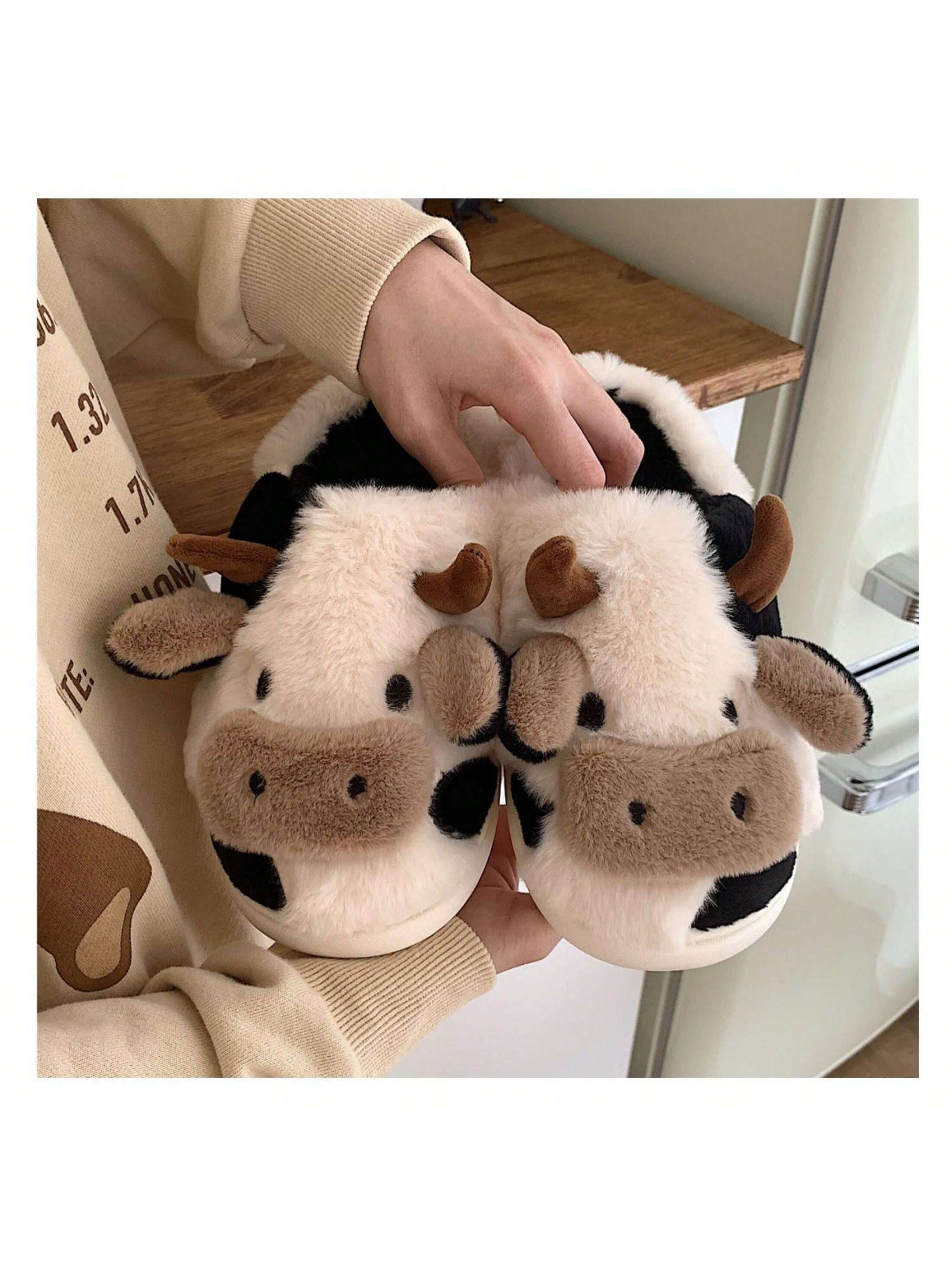 Fuzzy Cow Slippers For Women Cute Cotton Animals House Shoes Fluffy Plush SlippersIndoor Living Room Bedroom