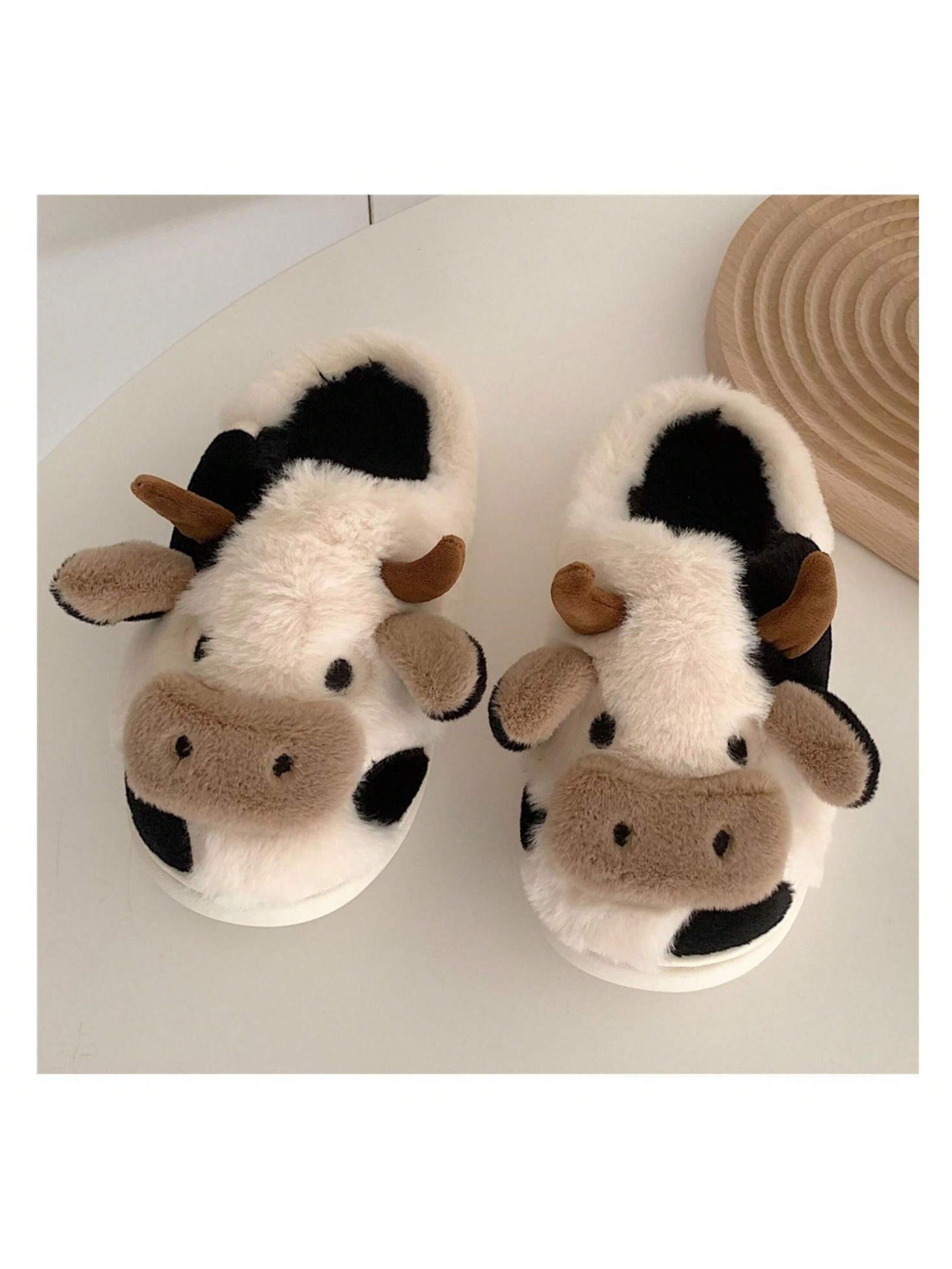 Fuzzy Cow Slippers For Women Cute Cotton Animals House Shoes Fluffy Plush SlippersIndoor Living Room Bedroom