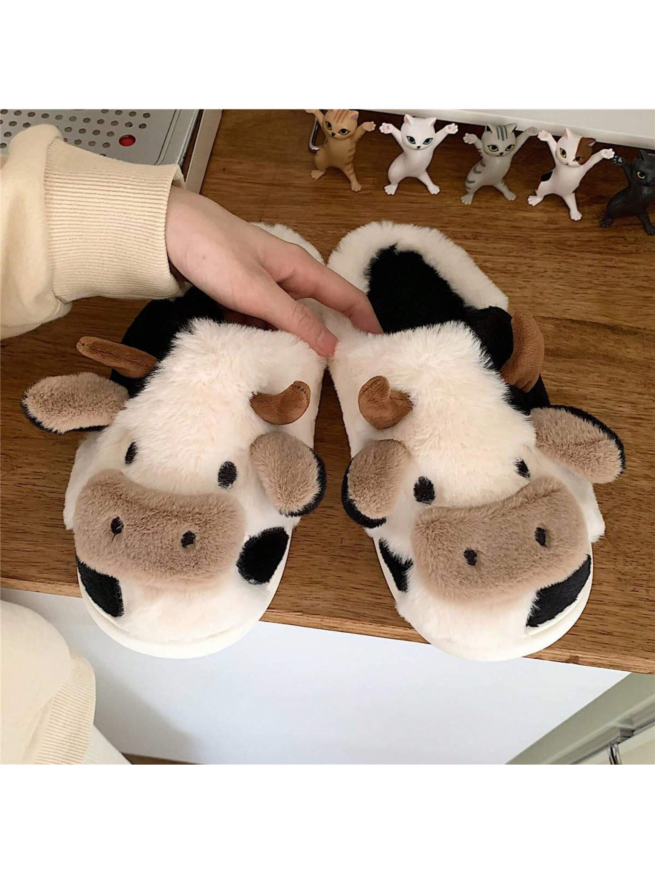 Fuzzy Cow Slippers For Women Cute Cotton Animals House Shoes Fluffy Plush SlippersIndoor Living Room Bedroom