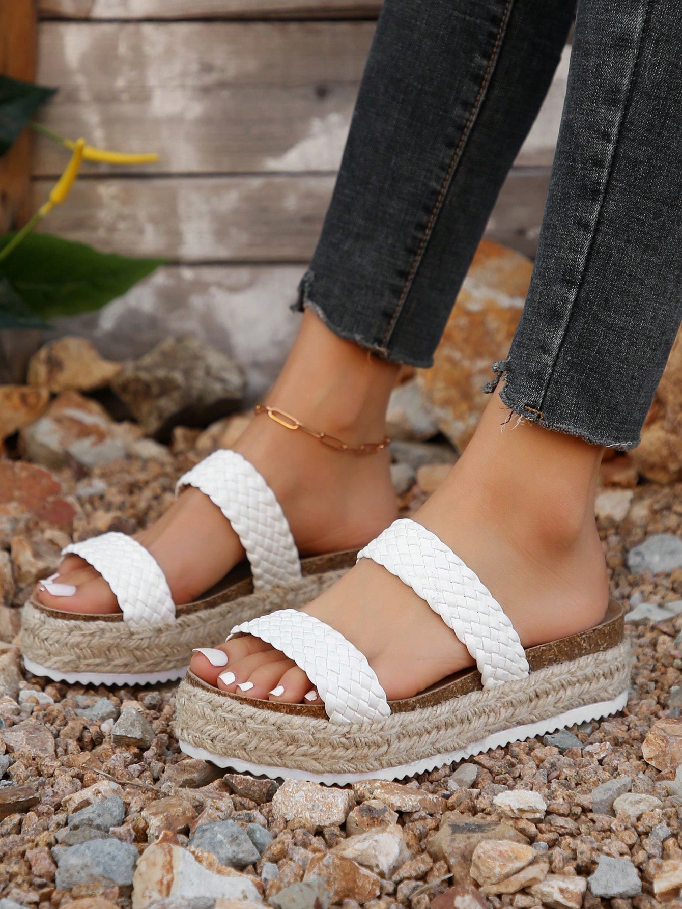 Women'S New Spring/Summer 2024 Trendy Comfy Light White Pu Woven Double Strap Wedge Sandals With Thick Soles