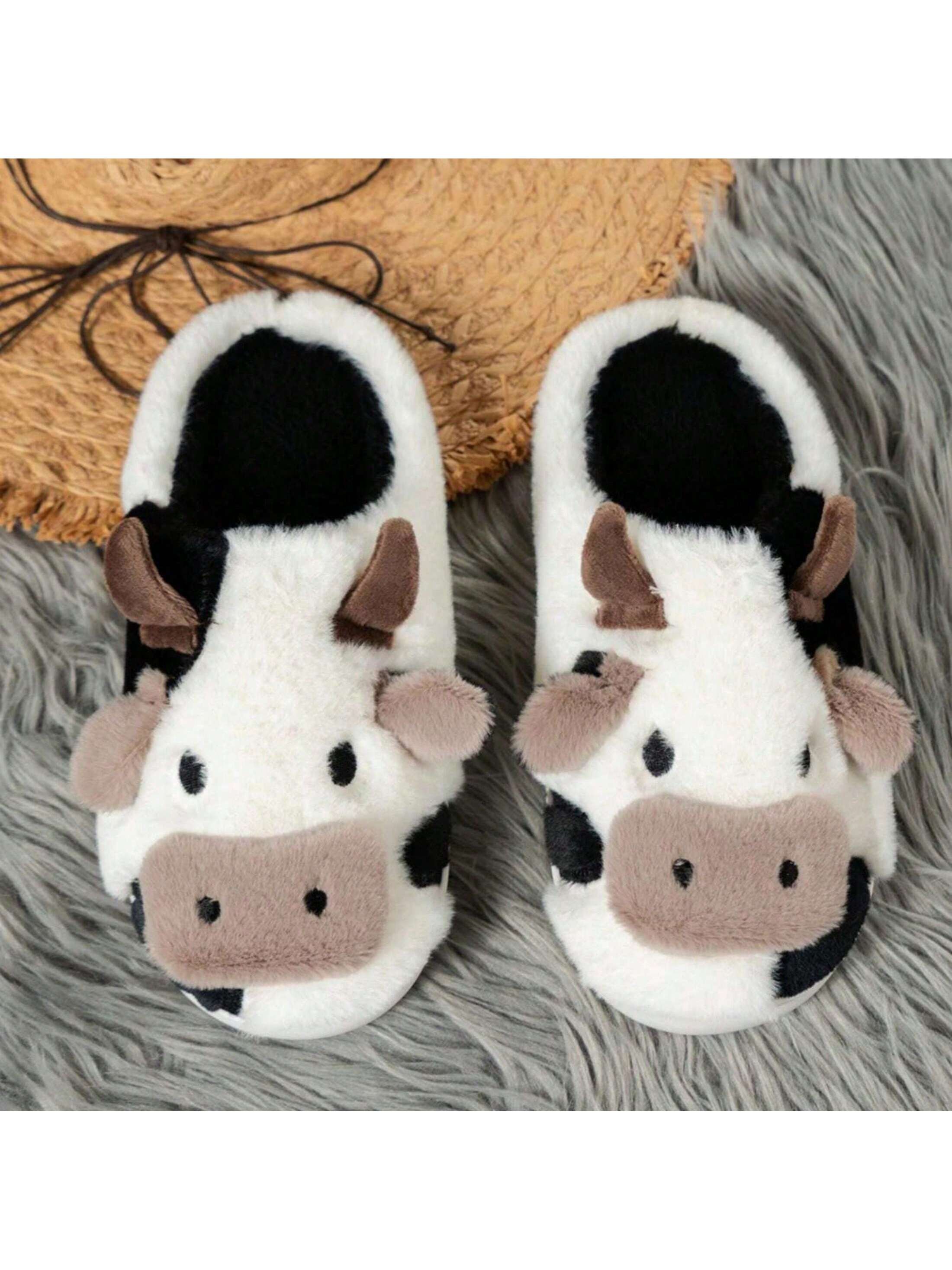 Fuzzy Cow Slippers For Women Cute Cotton Animals House Shoes Fluffy Plush SlippersIndoor Living Room Bedroom