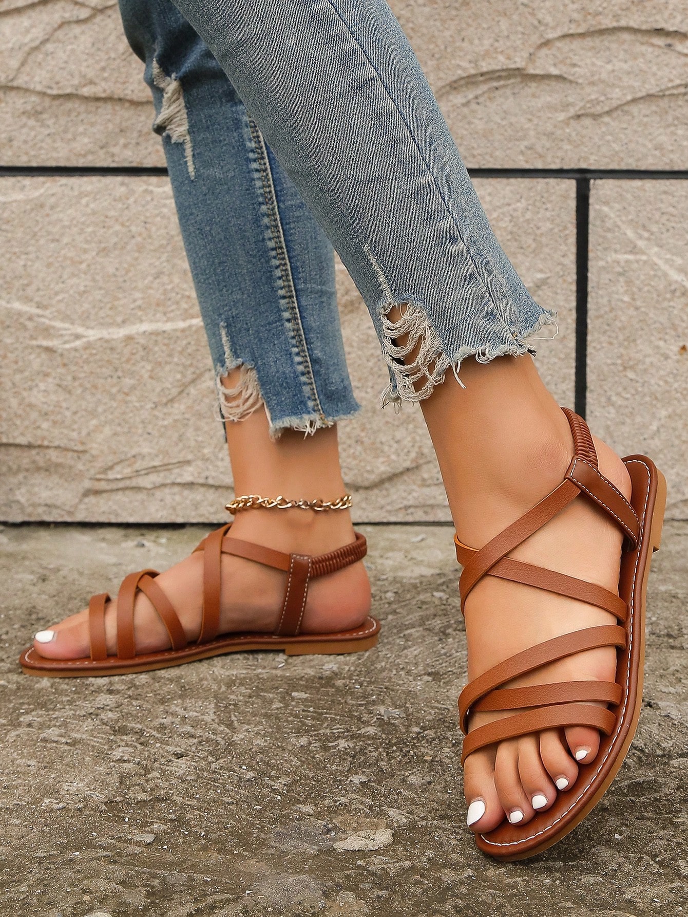 Women Criss Cross Flat Sandals, Elegant Brown Slingback Sandals