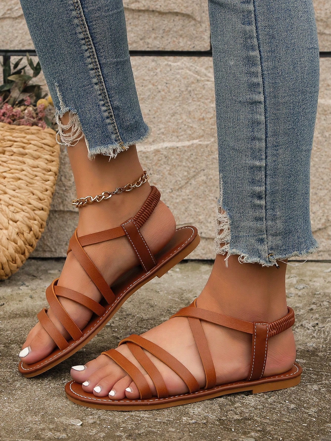 Women Criss Cross Flat Sandals, Elegant Brown Slingback Sandals