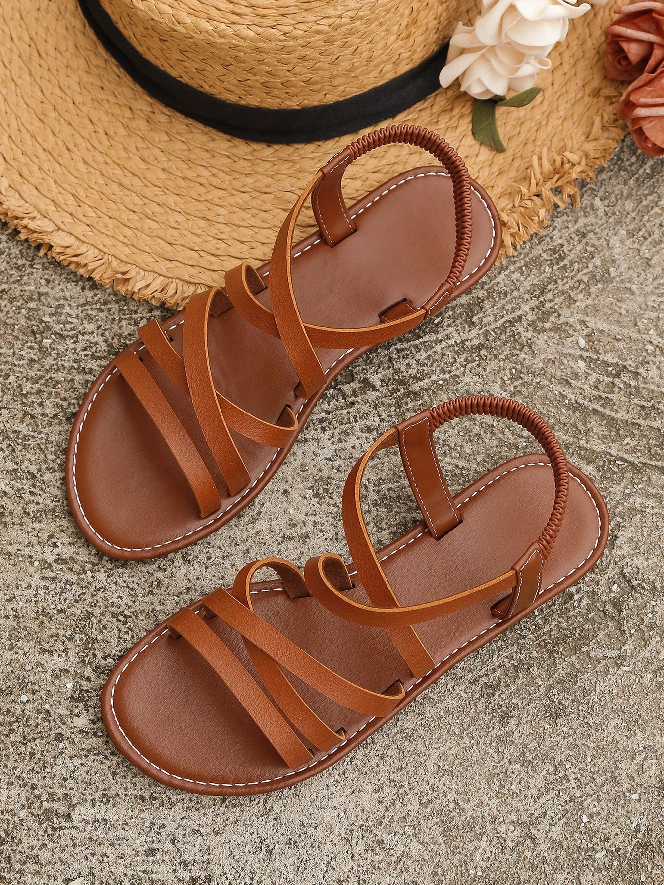 Women Criss Cross Flat Sandals, Elegant Brown Slingback Sandals