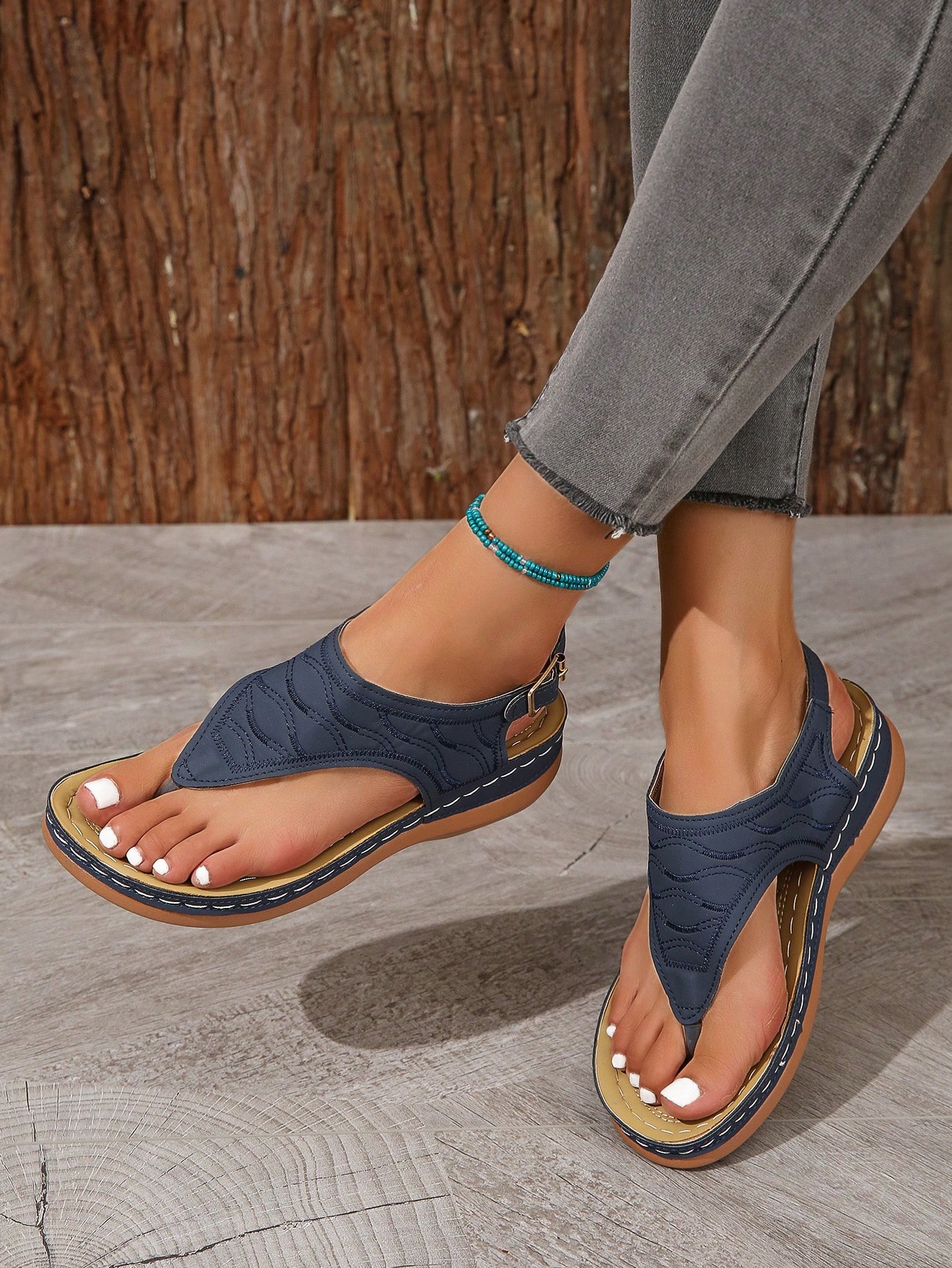 Women's New Summer Plus Size Blue Metal Buckle 'Z' Shape Thong Sandals With Comfortable & Elegant, Stylish, Casual, Beach, Wedge