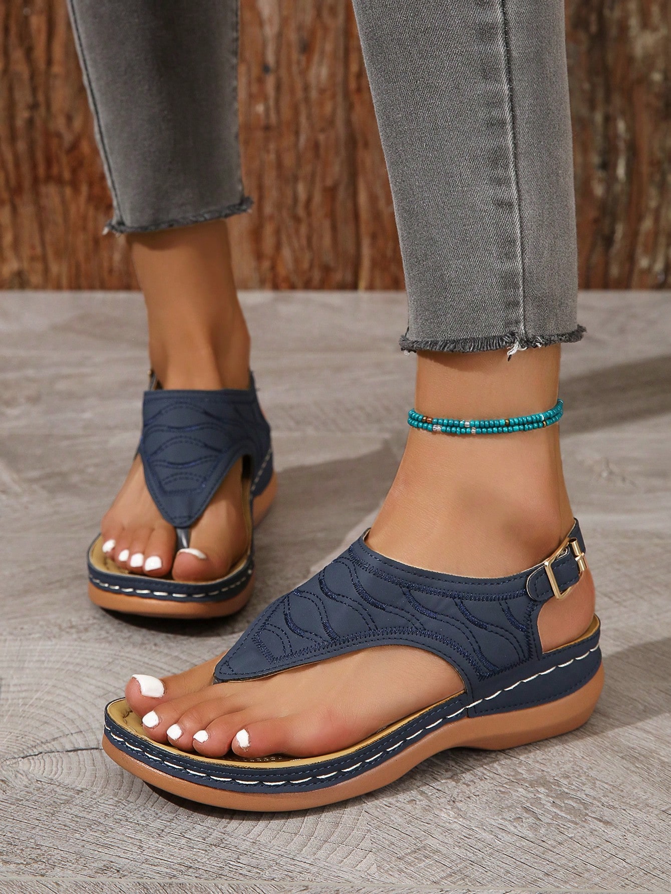 Women's New Summer Plus Size Blue Metal Buckle 'Z' Shape Thong Sandals With Comfortable & Elegant, Stylish, Casual, Beach, Wedge