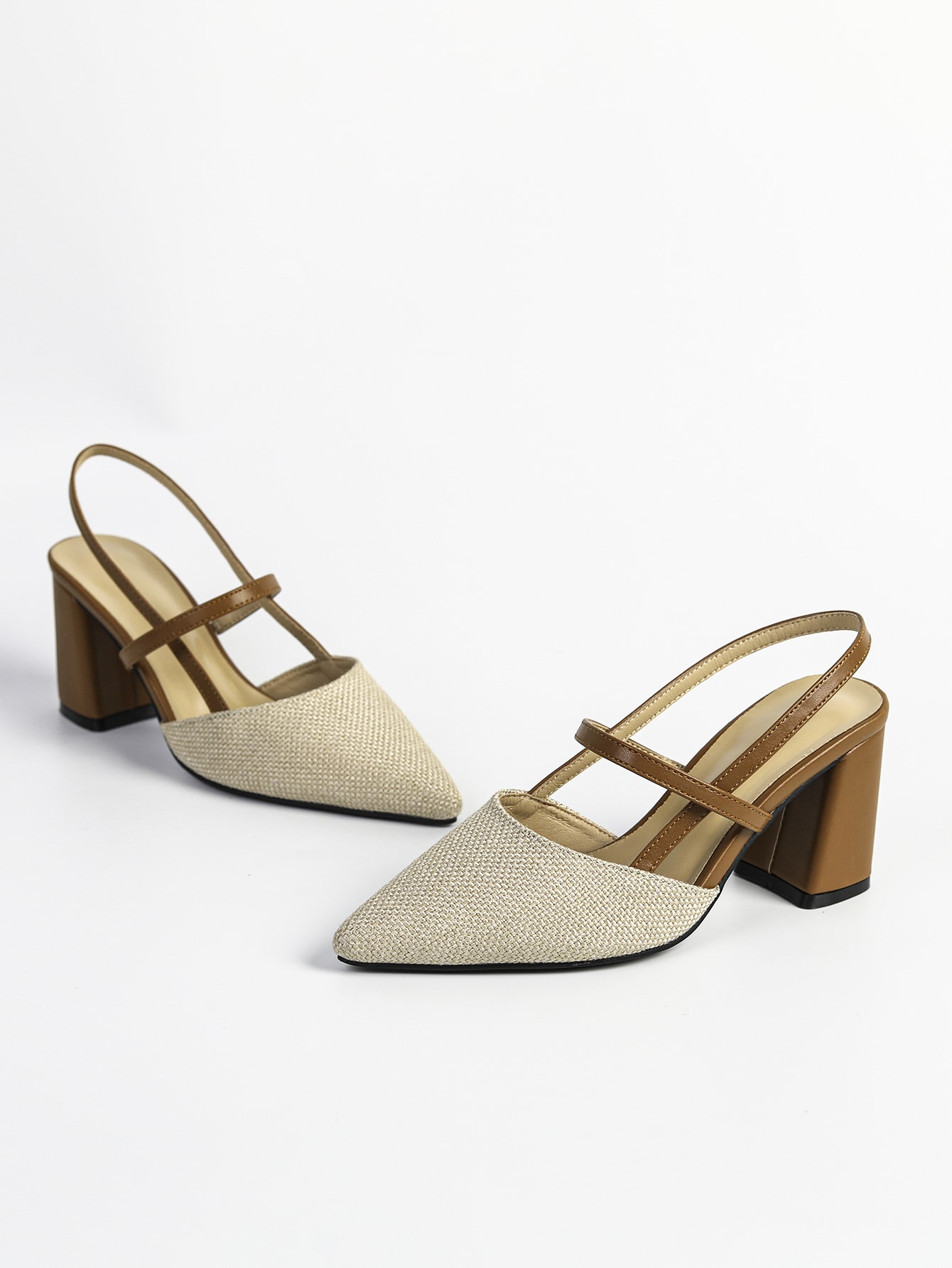 Women Point Toe Slingback Chunky Heeled Pumps, Elegant Brown And Beige Linen Pumps