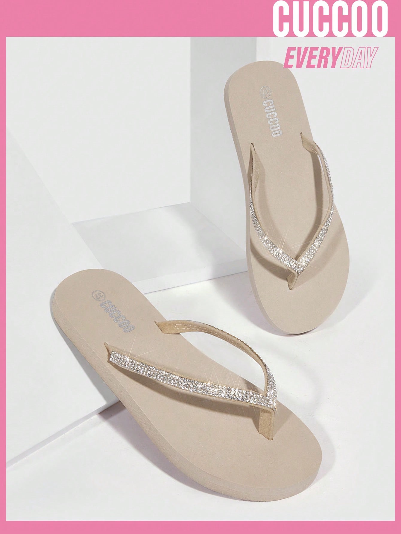 Cuccoo Everyday Collection Woman Shoes Light Comfortable Rhinestone Decor Plastic Beige Flip-Flops For Spring And Summer