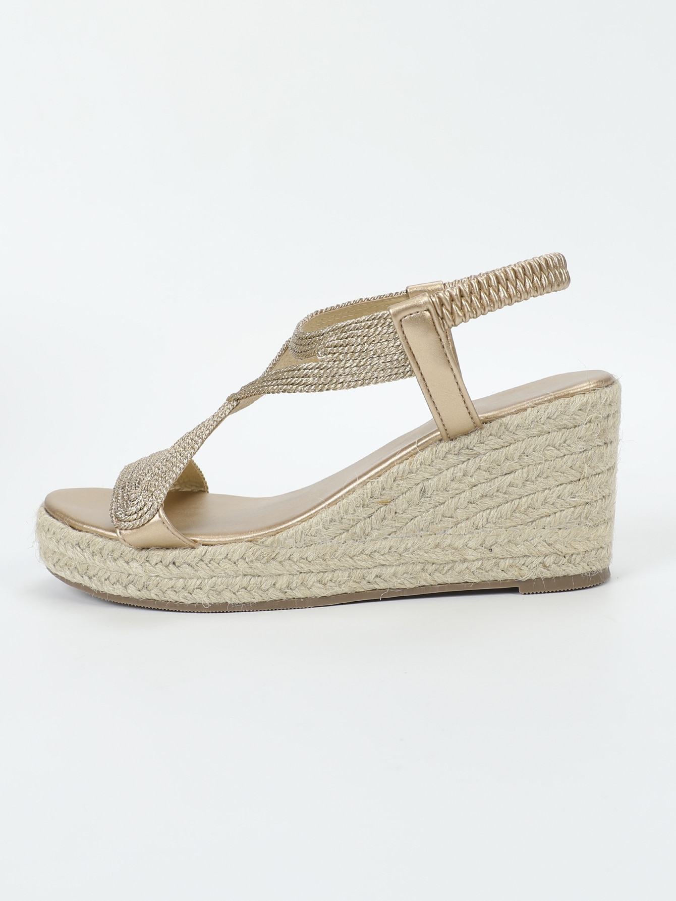 Vacation Champagne Sandals For Women, Braided Detail Espadrille Ankle Strap Wedge Sandals