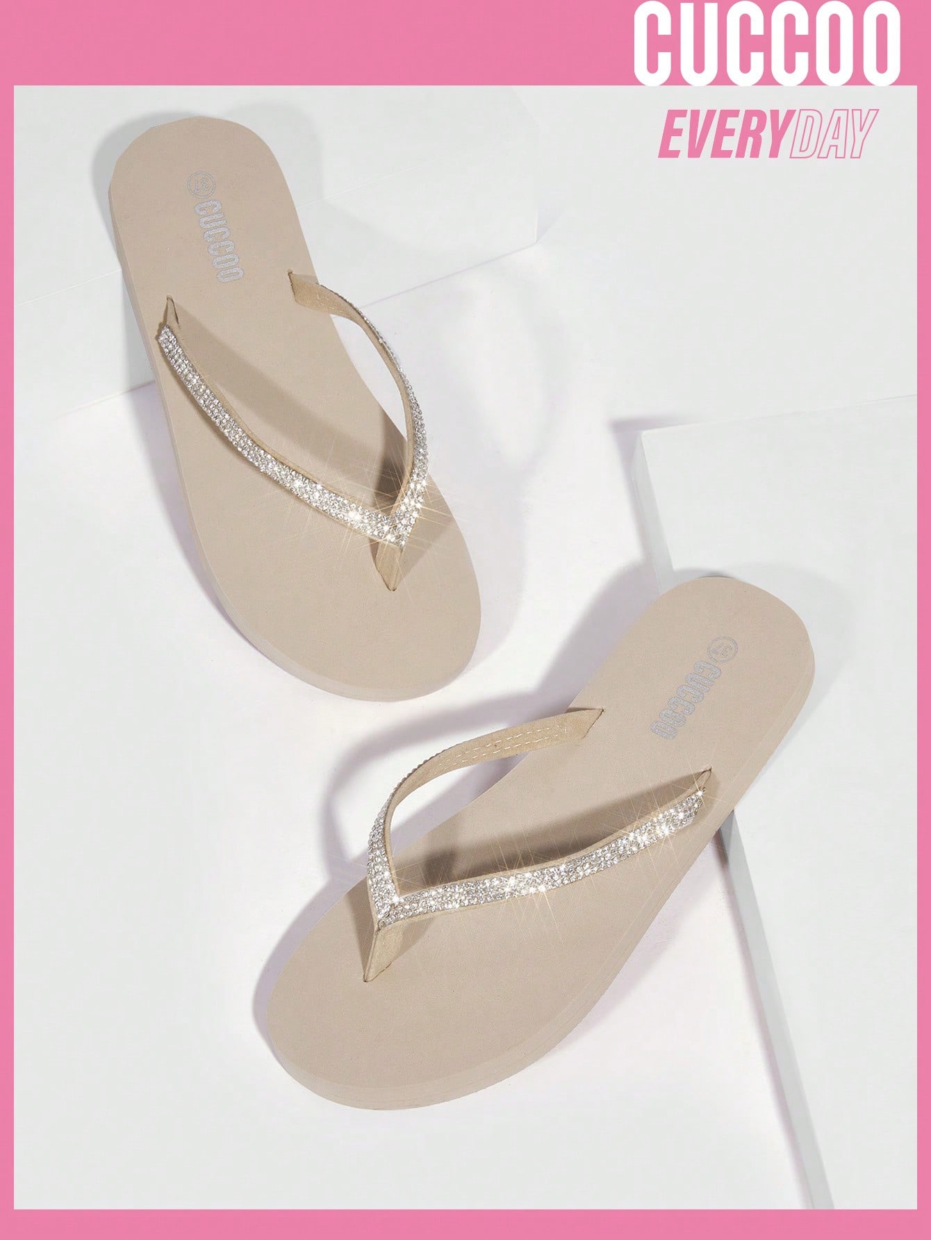 Cuccoo Everyday Collection Woman Shoes Light Comfortable Rhinestone Decor Plastic Beige Flip-Flops For Spring And Summer