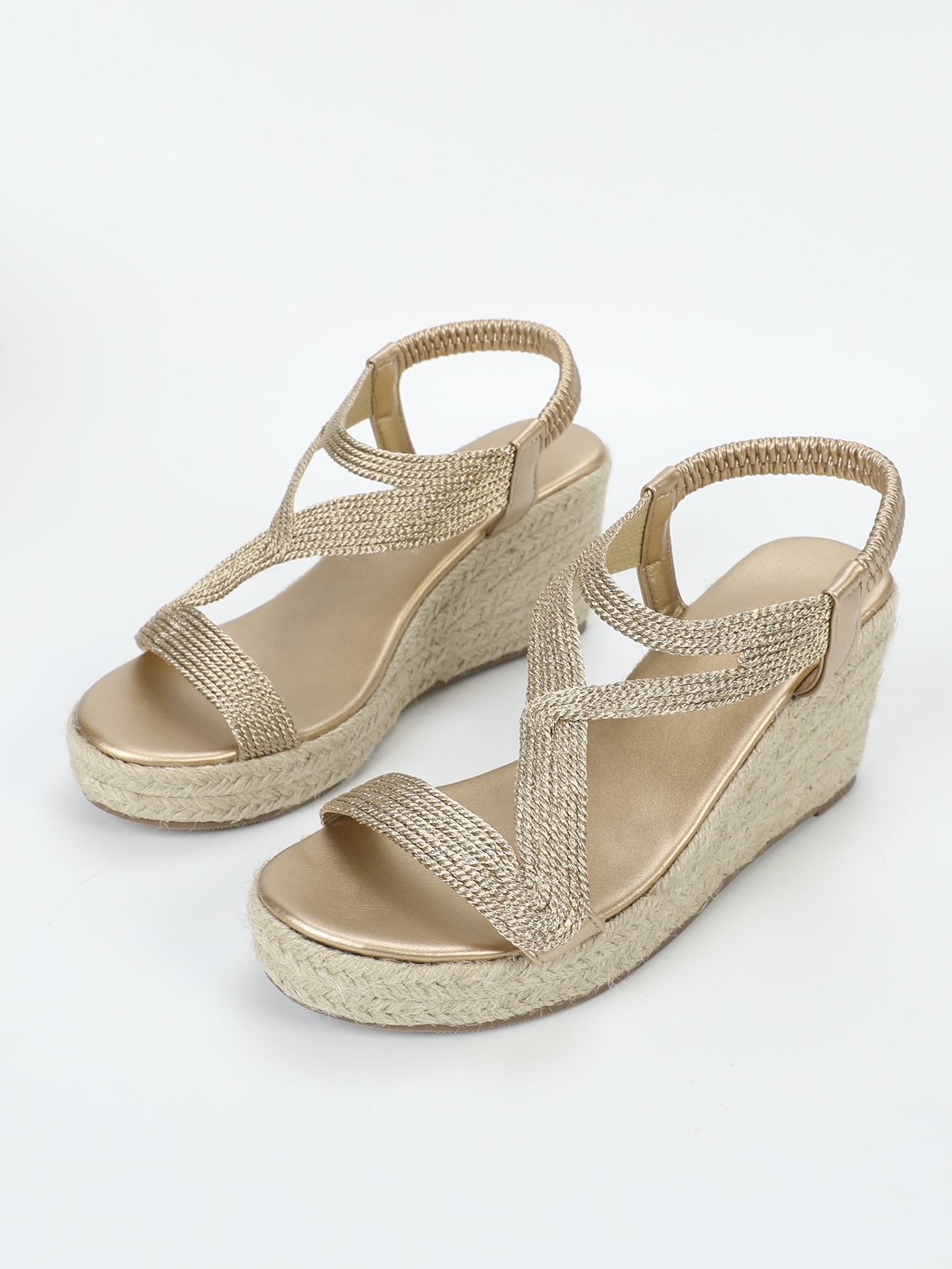 Vacation Champagne Sandals For Women, Braided Detail Espadrille Ankle Strap Wedge Sandals