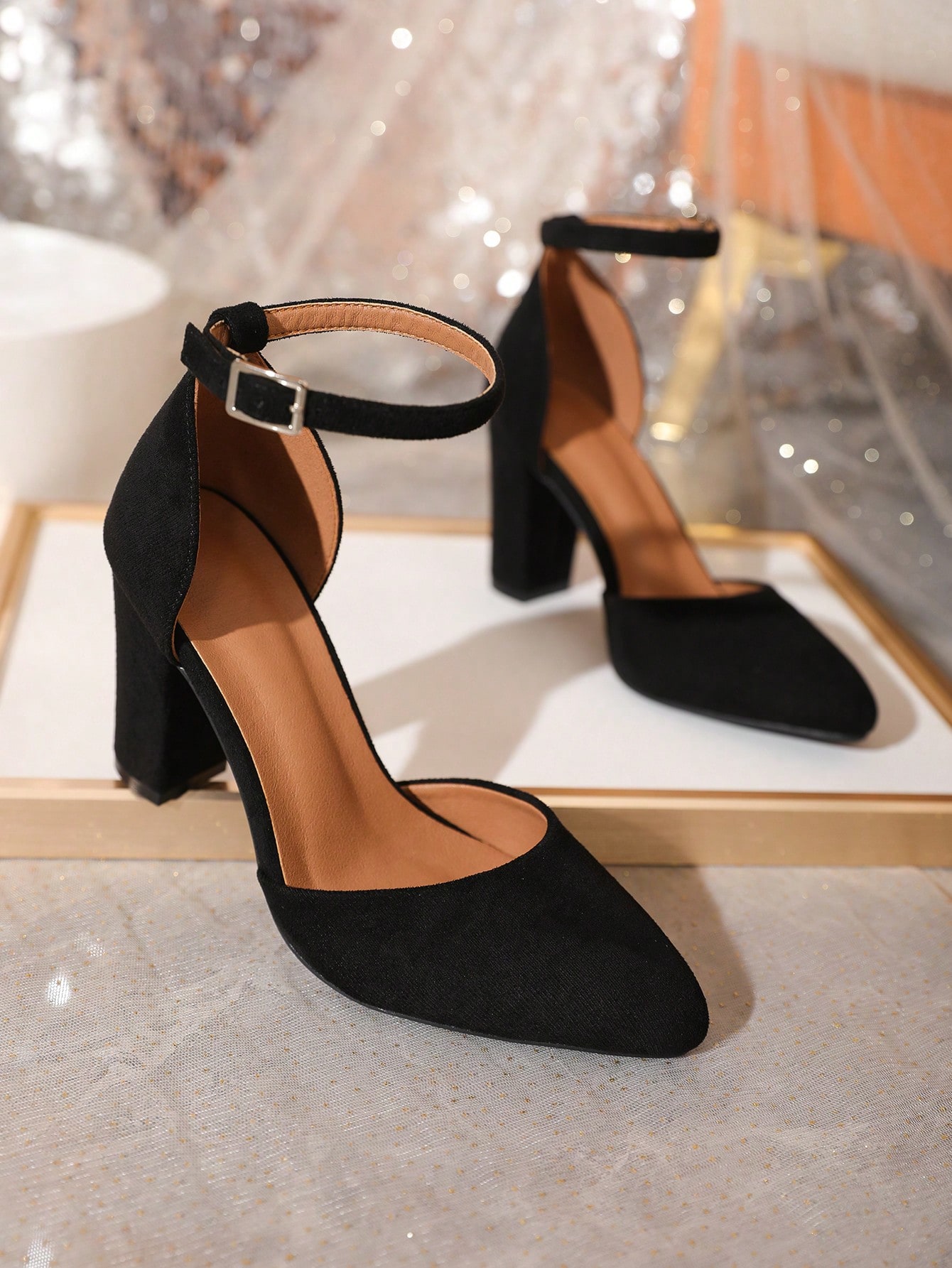 Women Minimalist Point Toe Chunky Heeled Ankle Strap Pumps, Elegant Outdoor Faux Suede Pumps