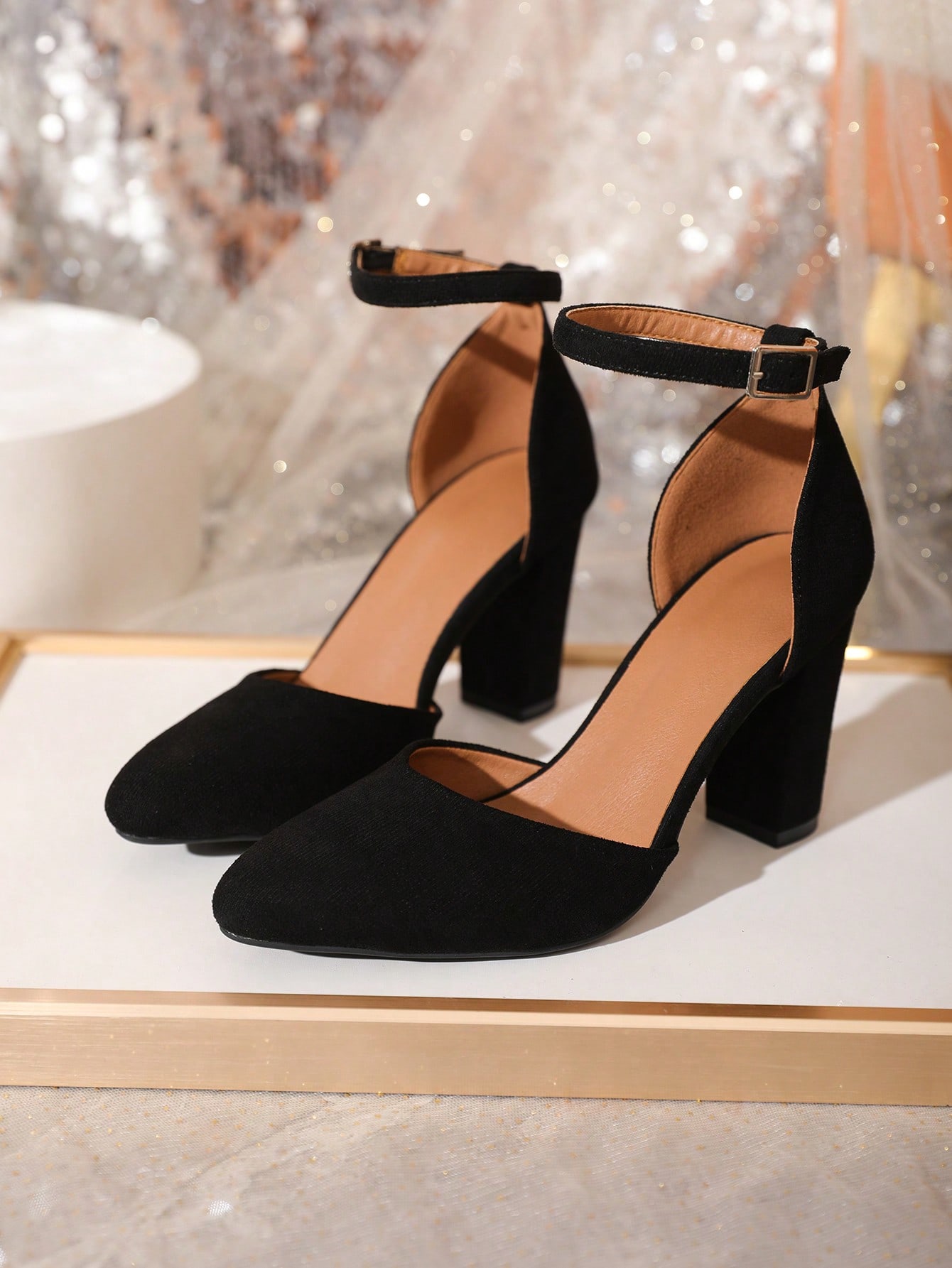 Women Minimalist Point Toe Chunky Heeled Ankle Strap Pumps, Elegant Outdoor Faux Suede Pumps