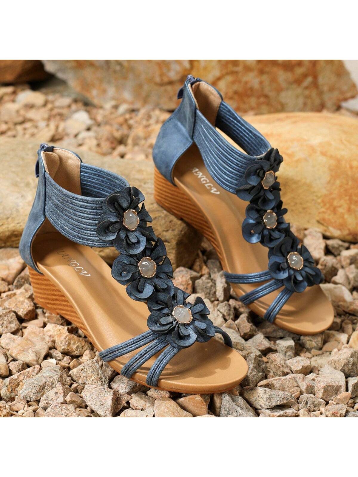 Women's Fashionable Flower Zipper Roman Sandals With Wedge Heels And Thick Soles, Perfect For Skirt, Summer New Arrival