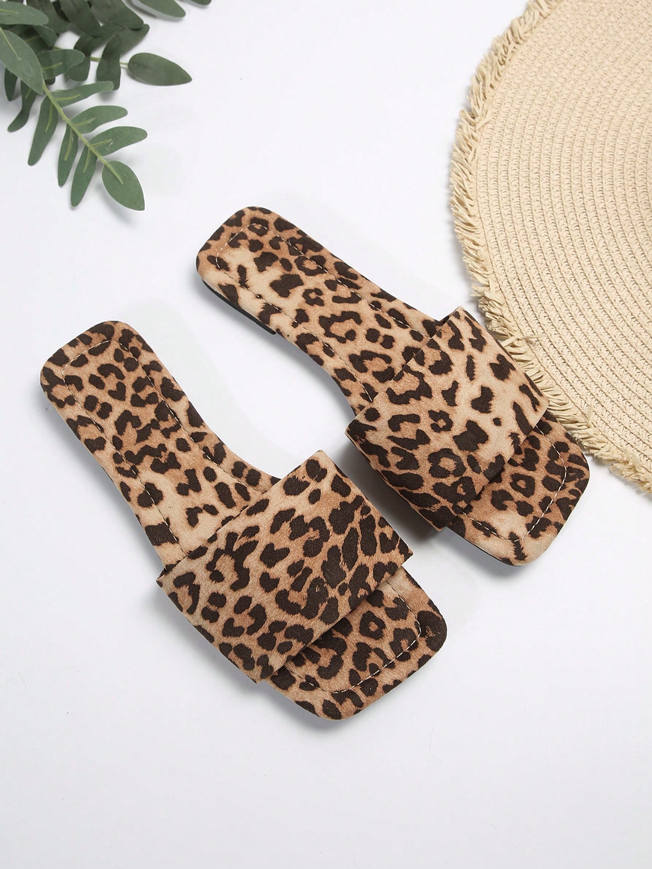 Women's Fashionable Leopard Pattern Fabric Flat Sandals Slippers, Suitable For Beach, Outdoor And Home