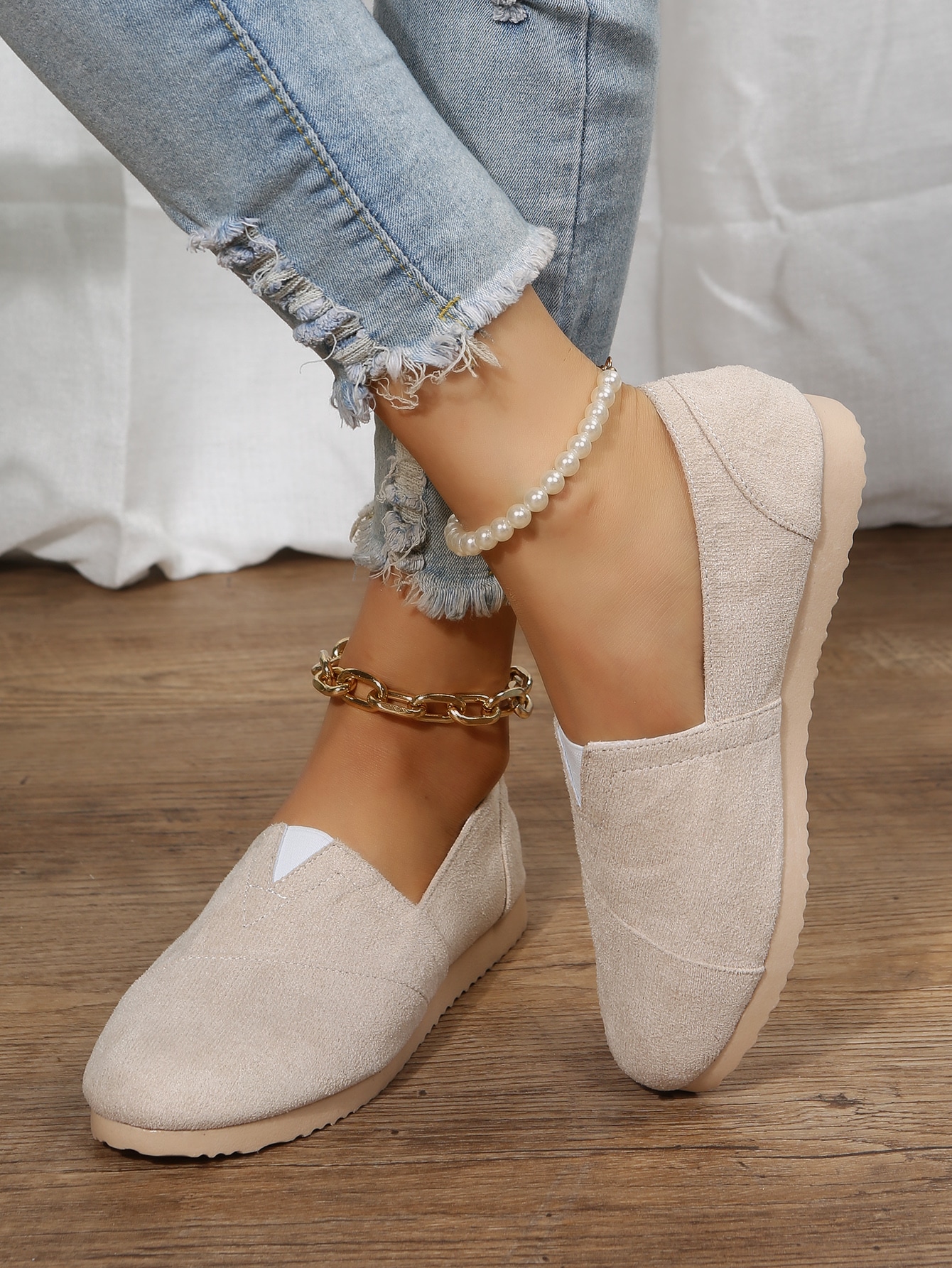 Stitch Detail Slip On Flats, Beige Vacation Solid Color Women's Flat Shoes