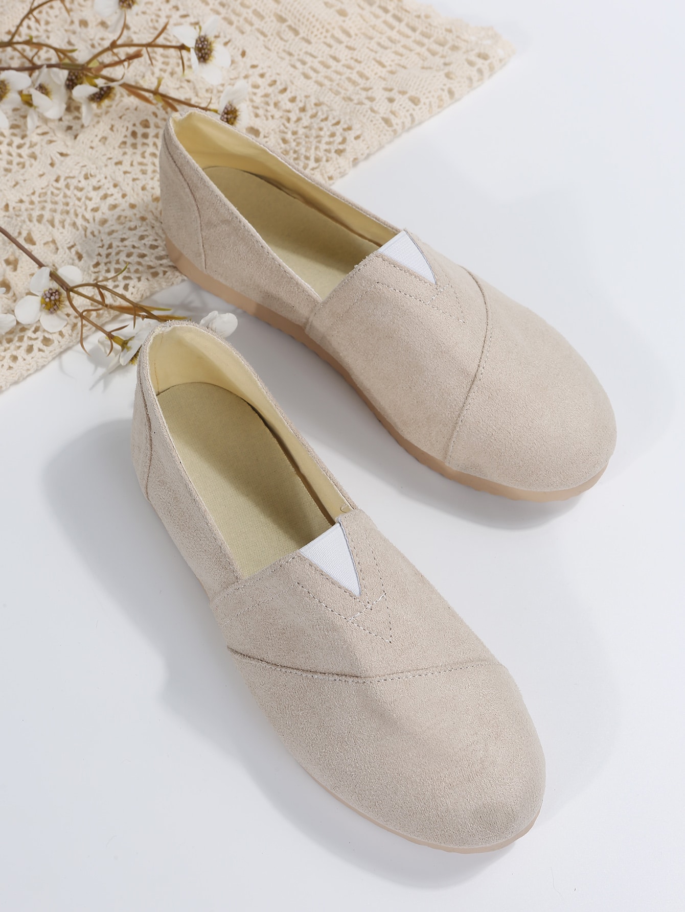 Stitch Detail Slip On Flats, Beige Vacation Solid Color Women's Flat Shoes