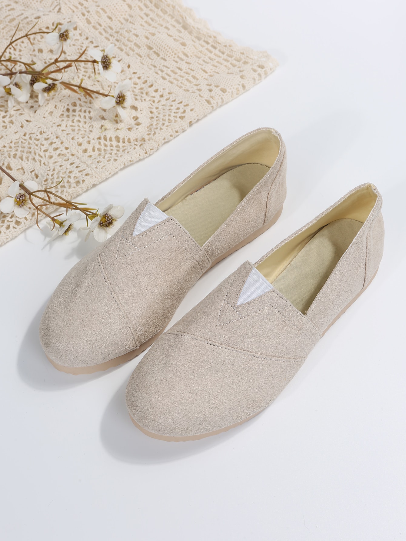 Stitch Detail Slip On Flats, Beige Vacation Solid Color Women's Flat Shoes