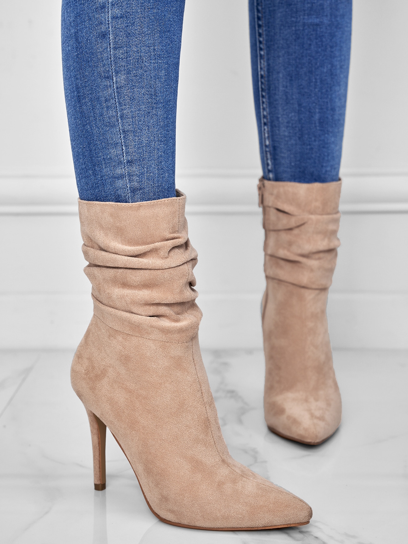 Khaki Solid Color Stretch Boots With High Heels And Side Zipper