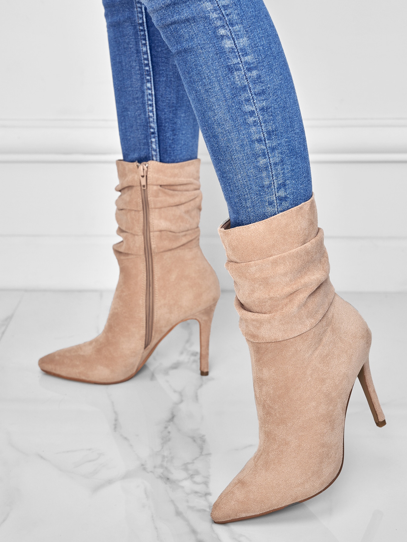 Khaki Solid Color Stretch Boots With High Heels And Side Zipper