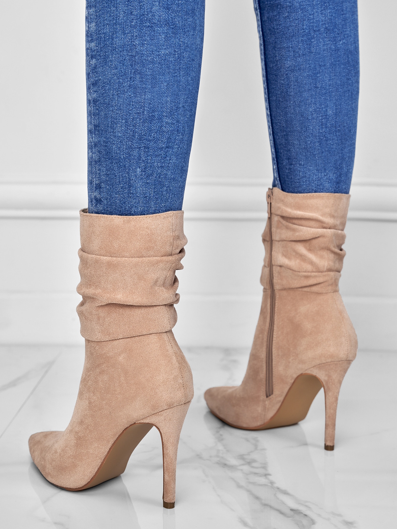 Khaki Solid Color Stretch Boots With High Heels And Side Zipper