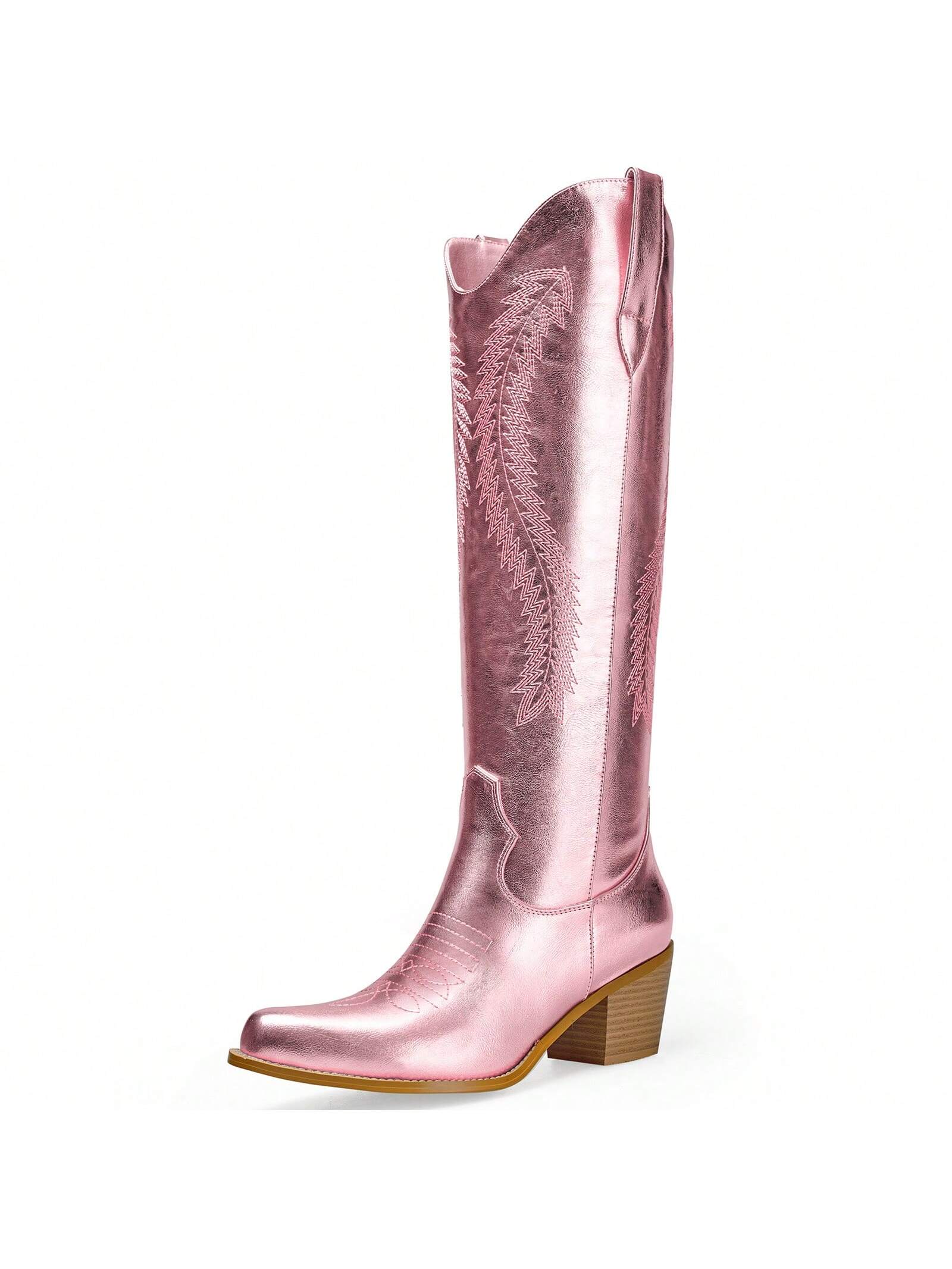 Embroidered Metallic Knee High Cowboy Boots For Women Pointed Toe Medium Block Chunky Heel