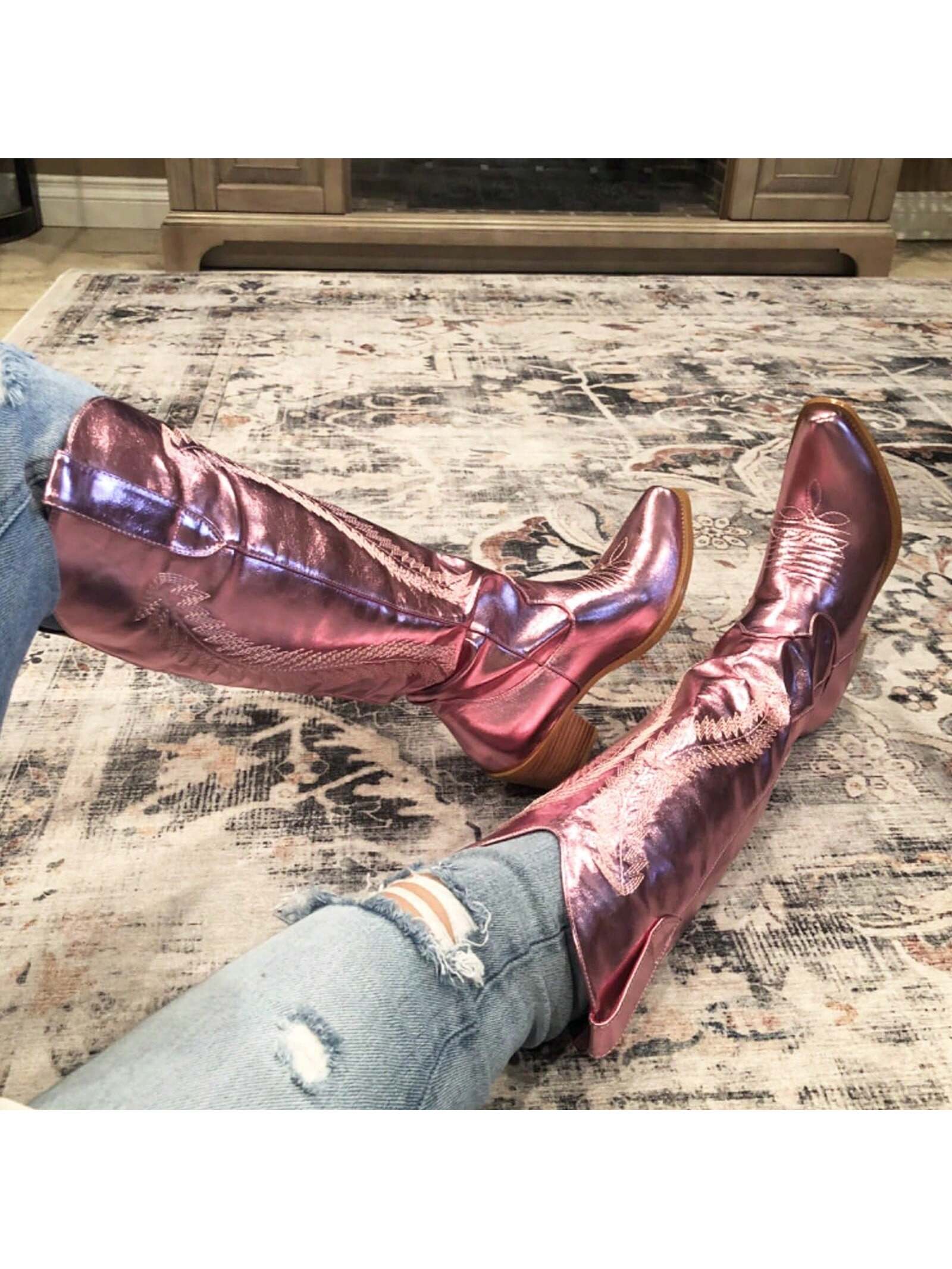 Embroidered Metallic Knee High Cowboy Boots For Women Pointed Toe Medium Block Chunky Heel