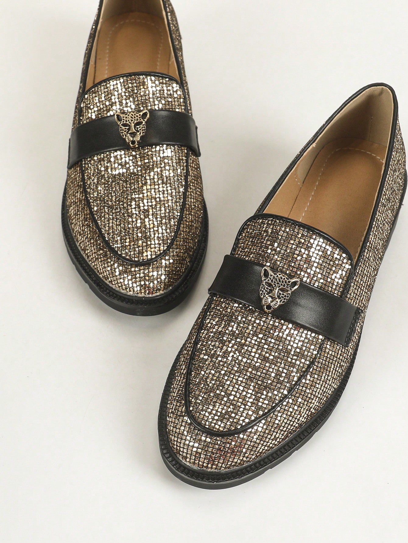 Women's Fashionable Mary Jane Round Toe Flat Shoes With Gold Giltter Embellishment And Black Mesh Fabric Matched With Metal Clas