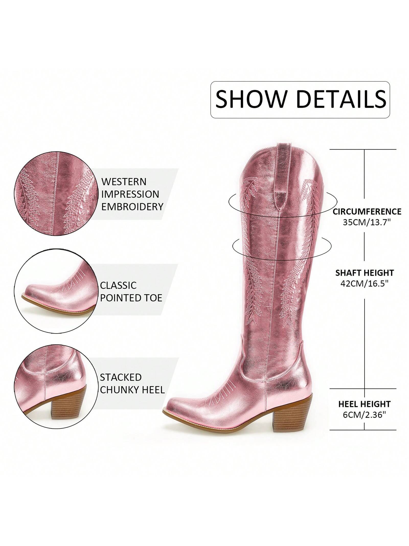 Embroidered Metallic Knee High Cowboy Boots For Women Pointed Toe Medium Block Chunky Heel