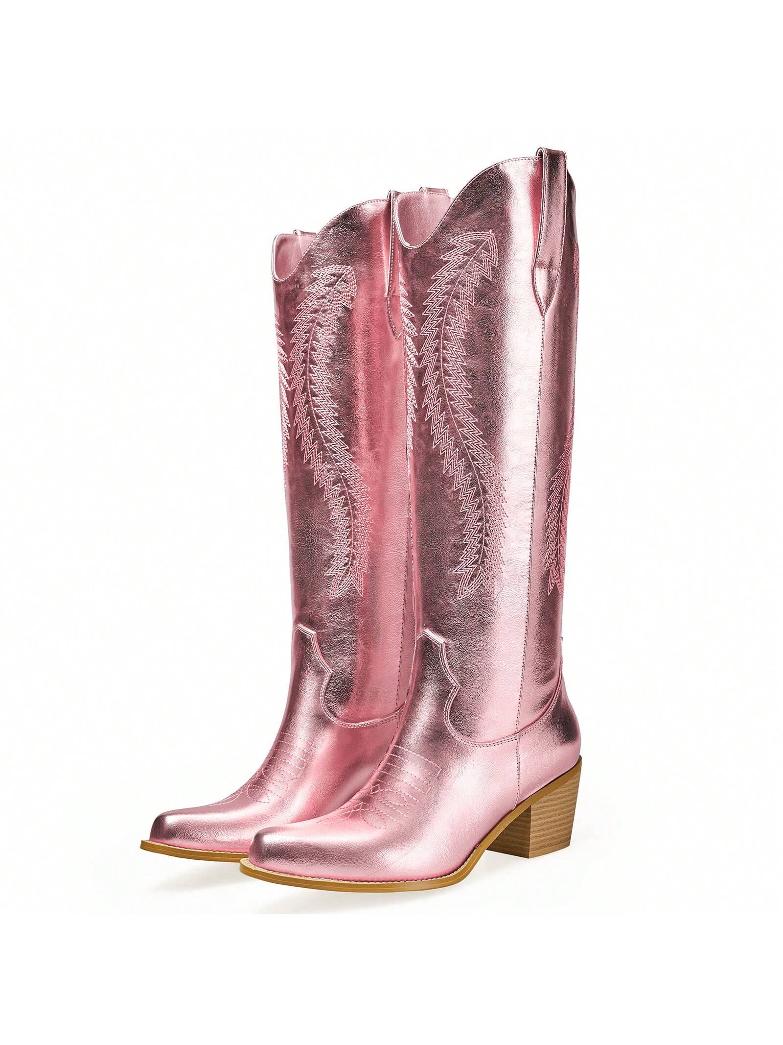 Embroidered Metallic Knee High Cowboy Boots For Women Pointed Toe Medium Block Chunky Heel