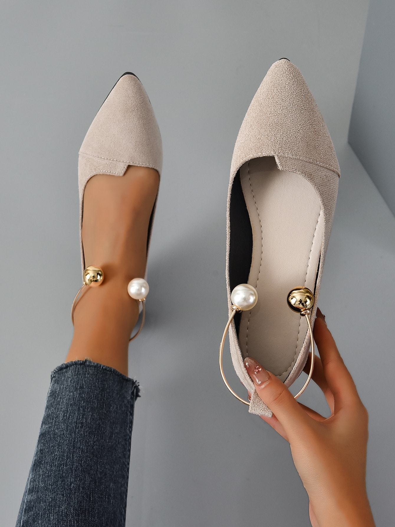 Women Faux Pearl Decor Point Toe Ankle Strap Flats, Elegant Apricot Faux Suede Pumps