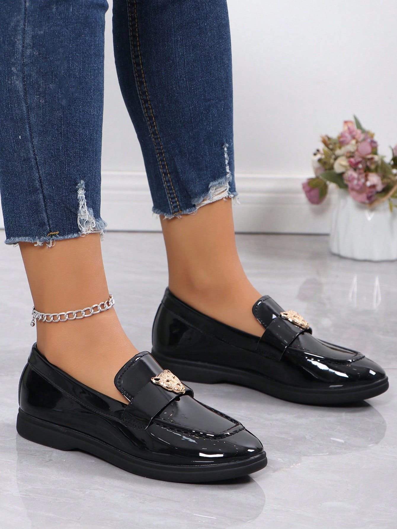 Women's New Arrivals Black Shine Casual Loafers, Outdoor, Four Seasons, Slip-On, Lightweight, Soft Bottom, Versatile, Retro Brit