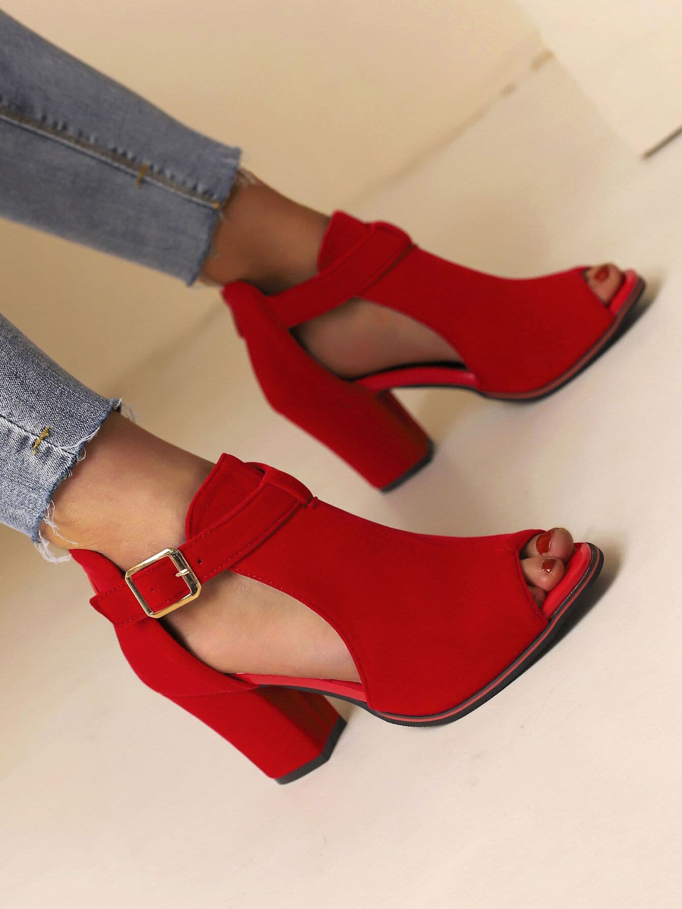 Buckle Detail Chunky Heeled Sandal Boots, Red Fashionable Cutout Design, Buckled Solid Color Sandals Boots