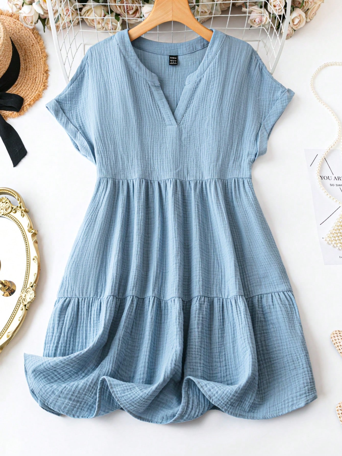 Women's Notched V-neck Blue T-shirt Dress