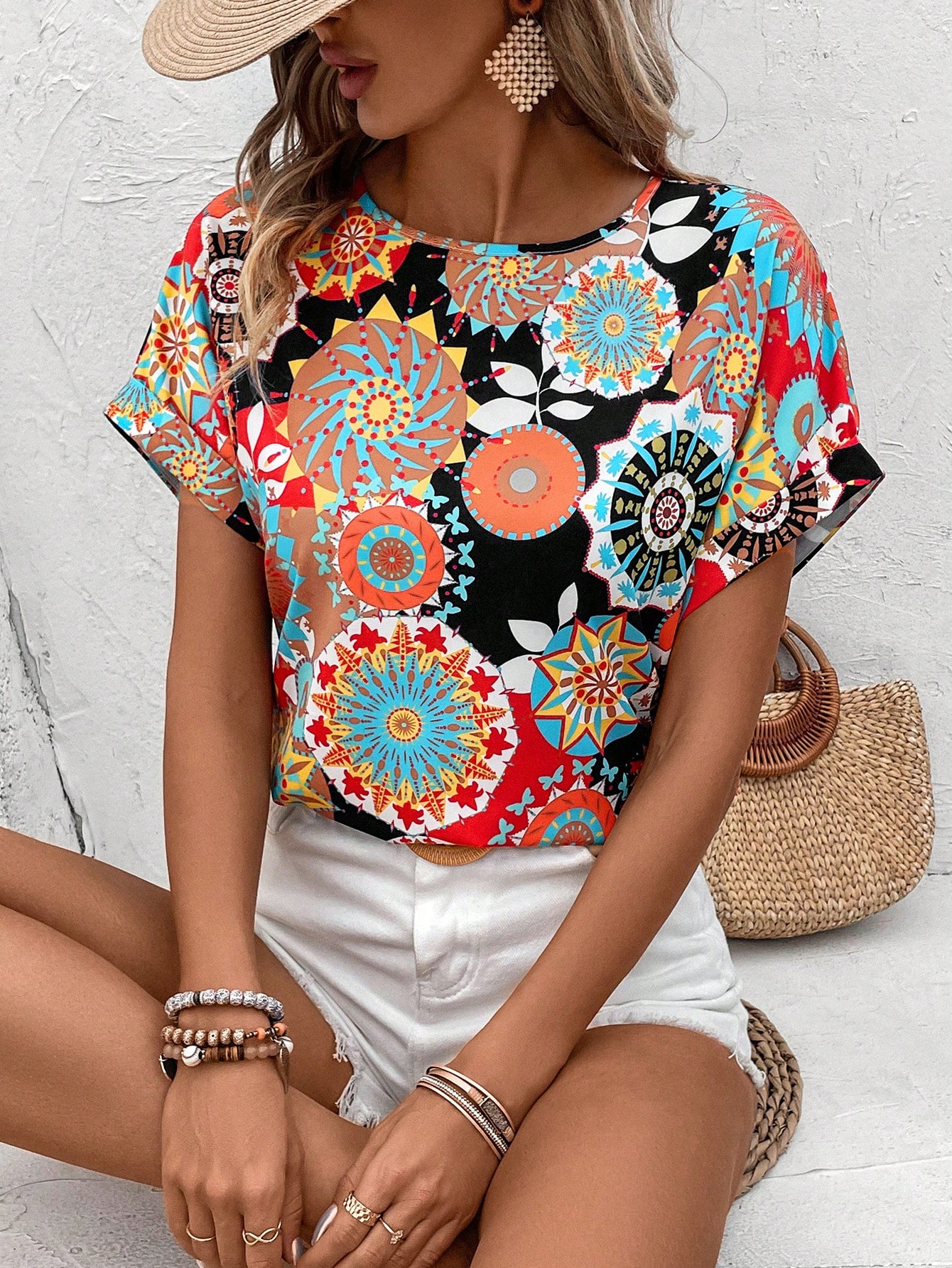 Women's Floral Print Batwing Short Sleeve Shirt