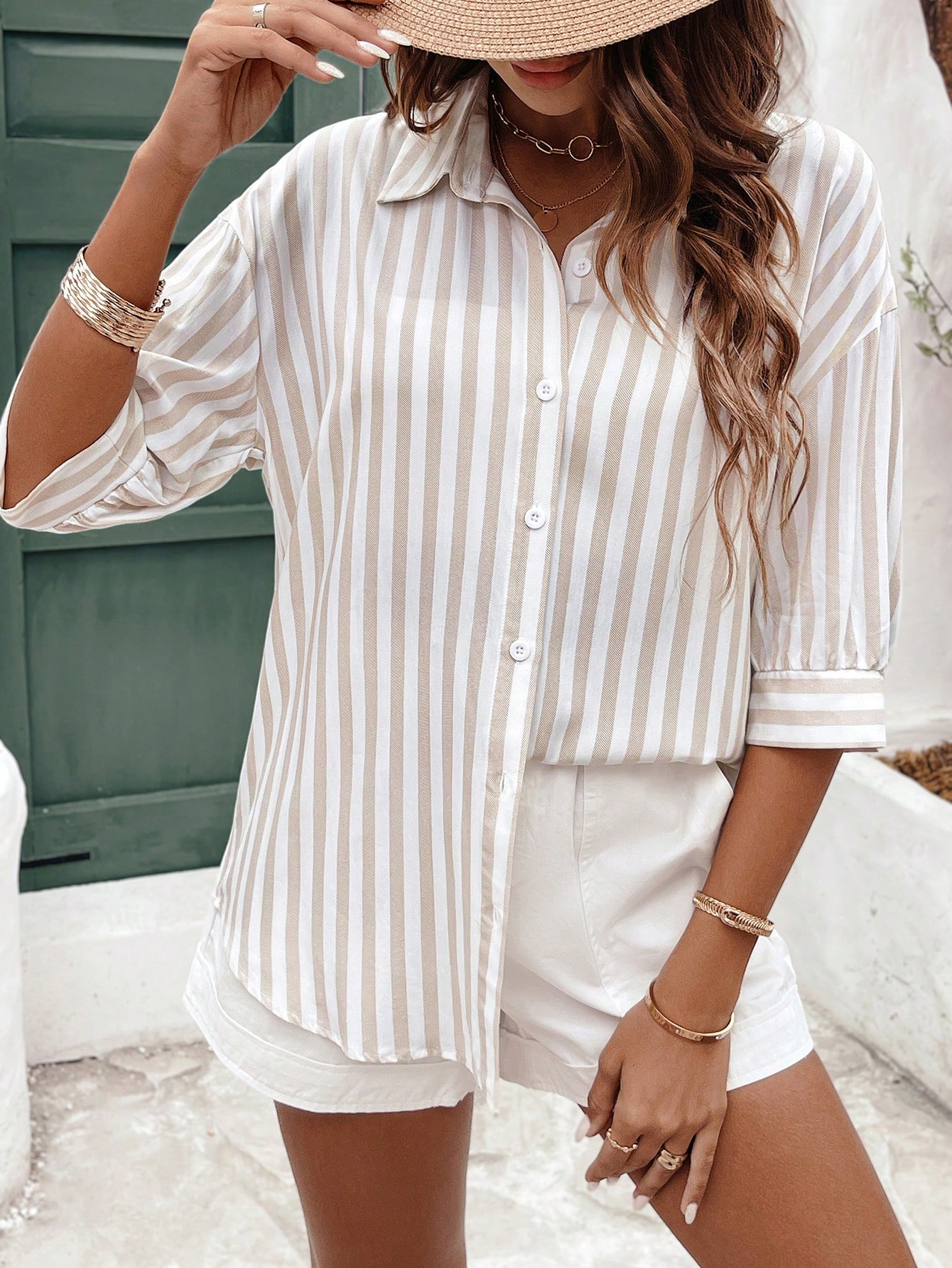 Women's Long Sleeve Striped Shirt, Cute Summer Tops, Summer Women's Clothing, Apricot Striped Shirt, Fresh Casual Shirt, Button 