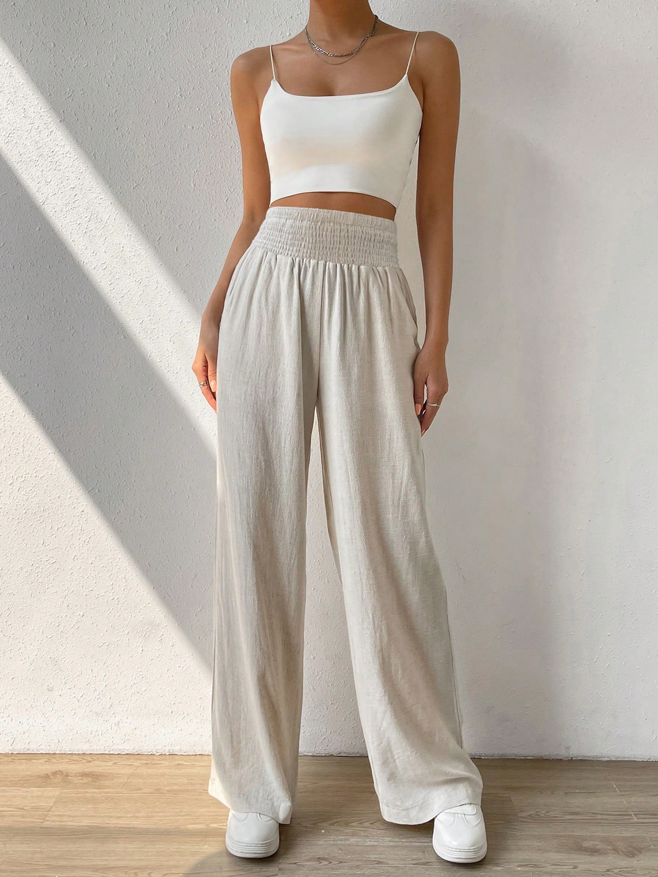 Women's Casual Elegant Wide Leg Pants With Shirred Waist Design