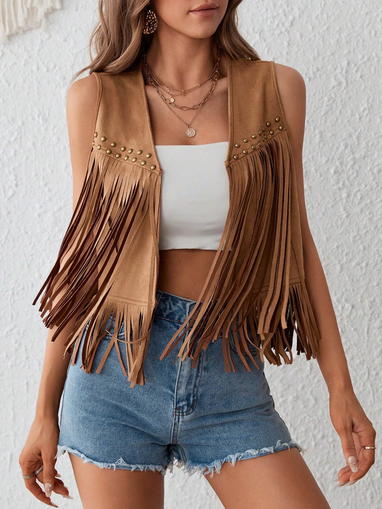 Fringe Trim Open Front Vest Summer Jacket